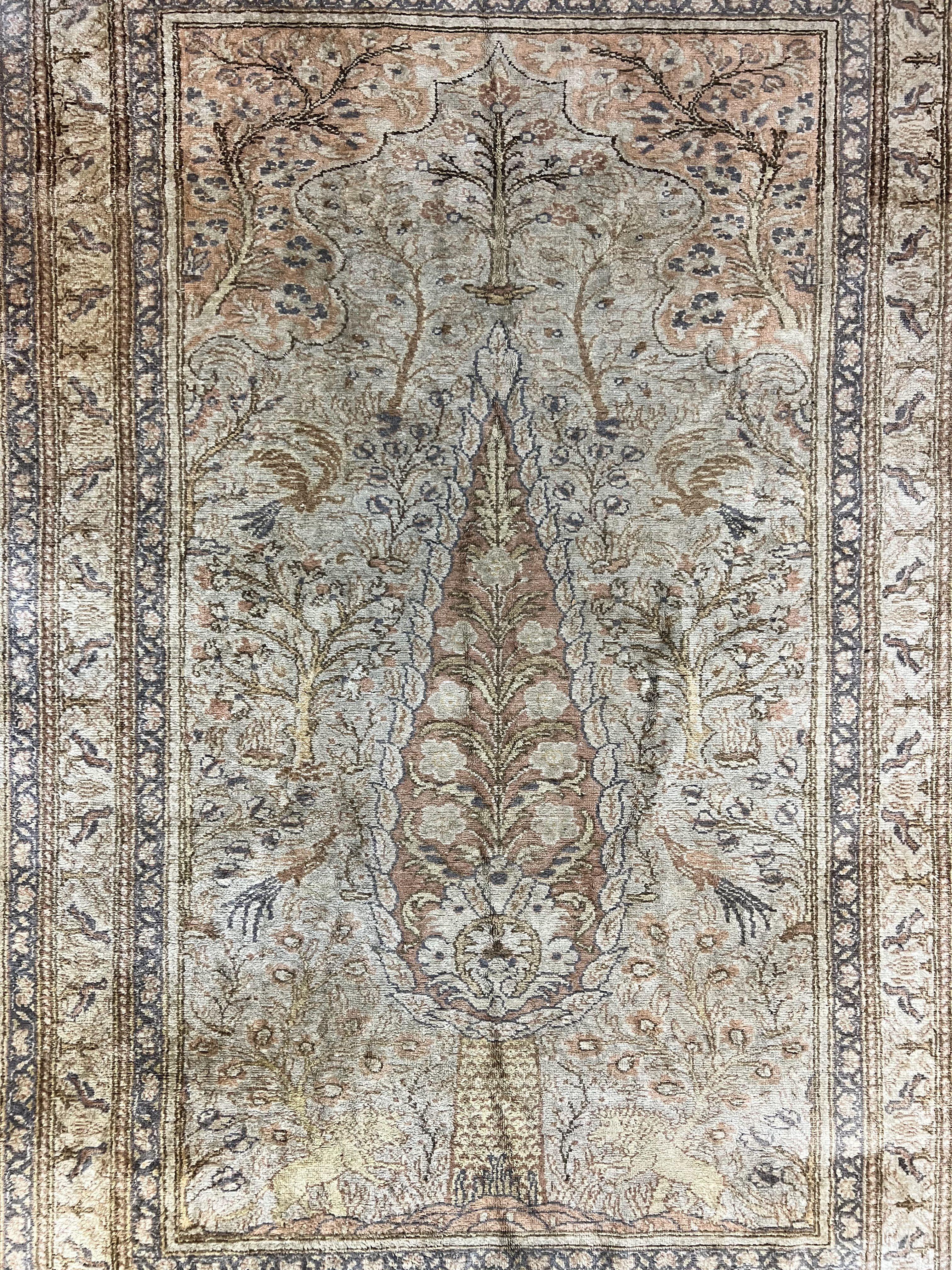 Turkish Kayseri Silk Rug 4x6, Tree of Life Pattern, Vintage Handmade Hand Knotted Carpet, Animal Pictorials, Birds - Image 4