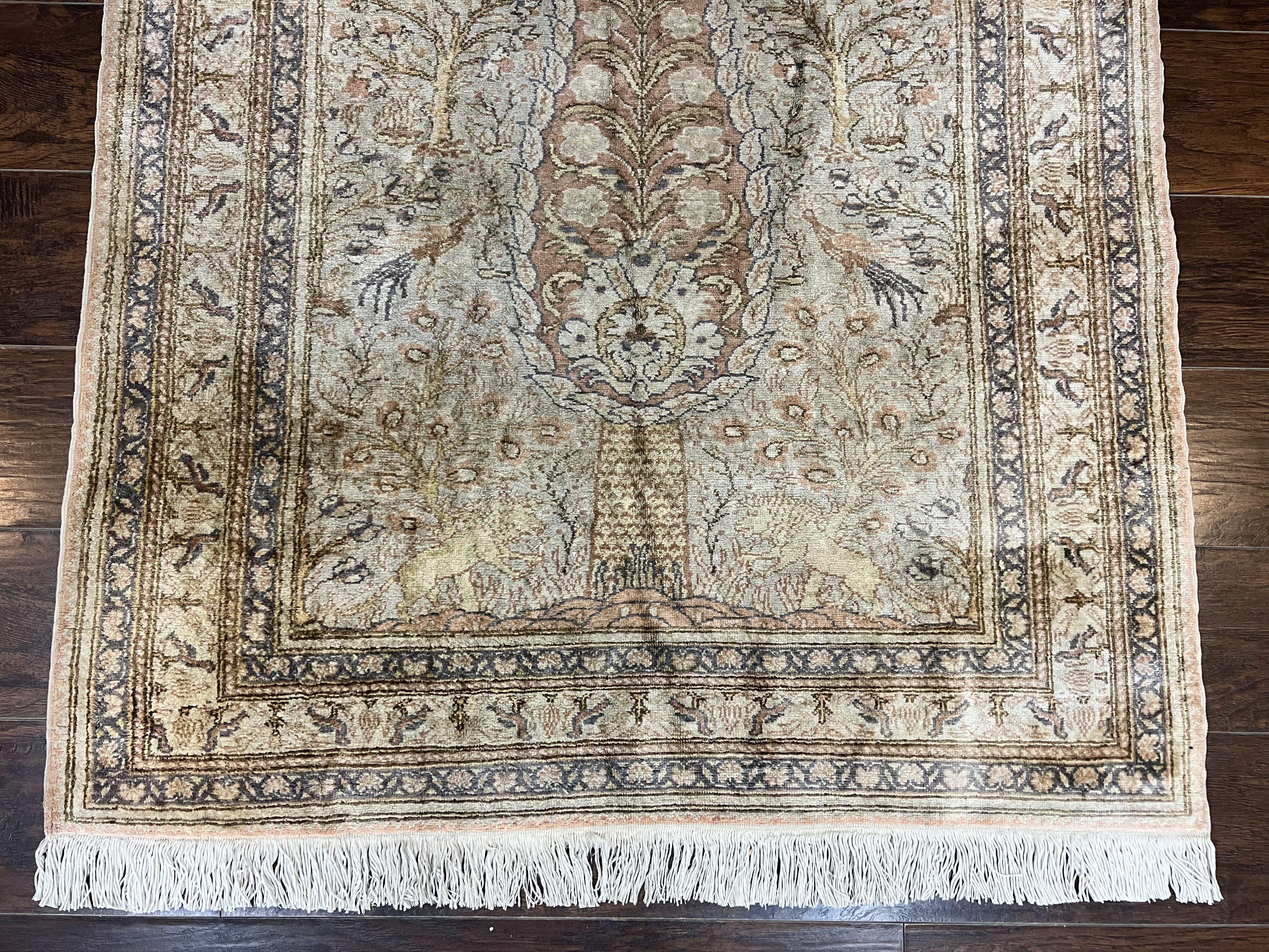 Turkish Kayseri Silk Rug 4x6, Tree of Life Pattern, Vintage Handmade Hand Knotted Carpet, Animal Pictorials, Birds - Image 5