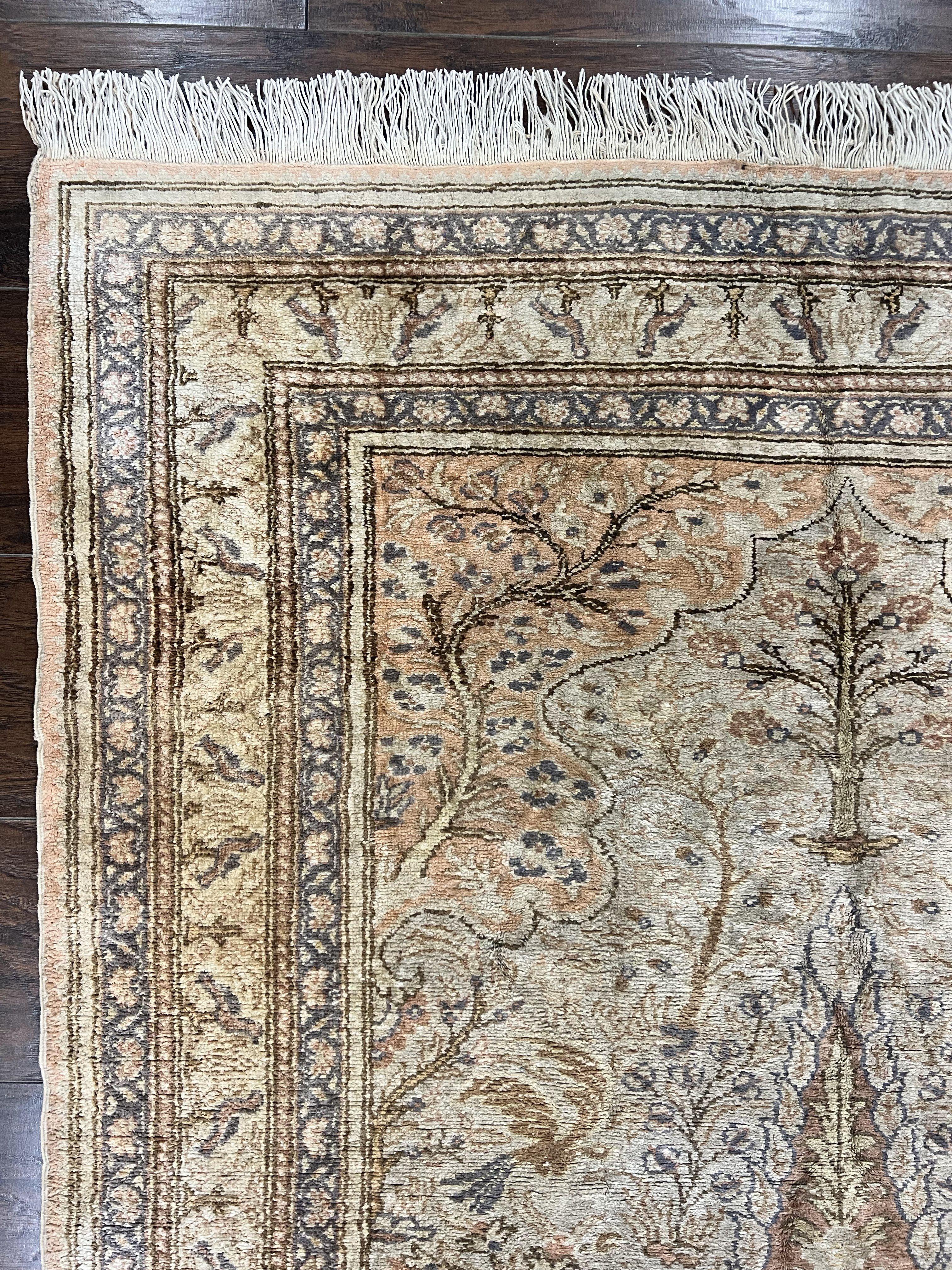 Turkish Kayseri Silk Rug 4x6, Tree of Life Pattern, Vintage Handmade Hand Knotted Carpet, Animal Pictorials, Birds - Image 6
