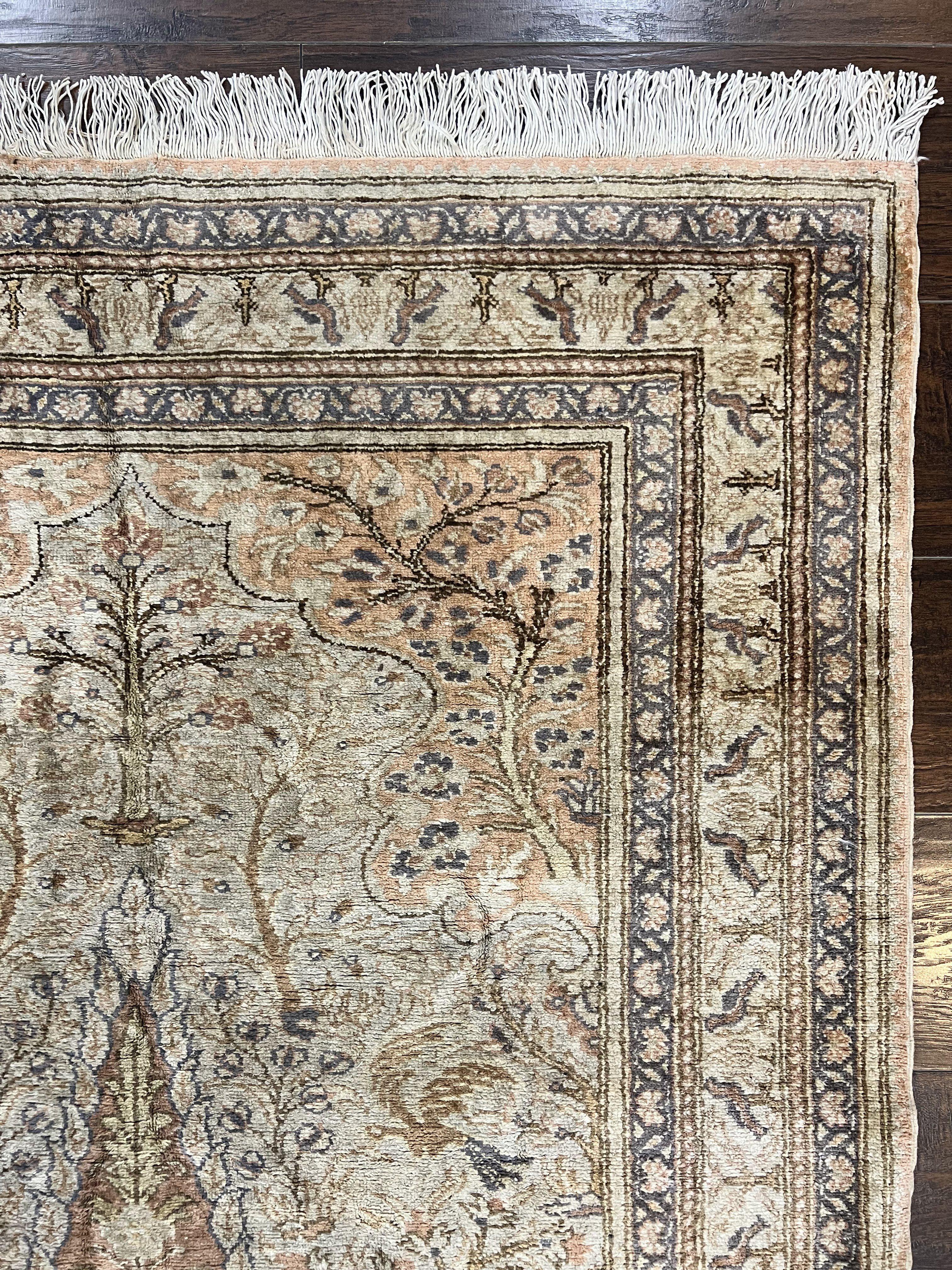 Turkish Kayseri Silk Rug 4x6, Tree of Life Pattern, Vintage Handmade Hand Knotted Carpet, Animal Pictorials, Birds - Image 7