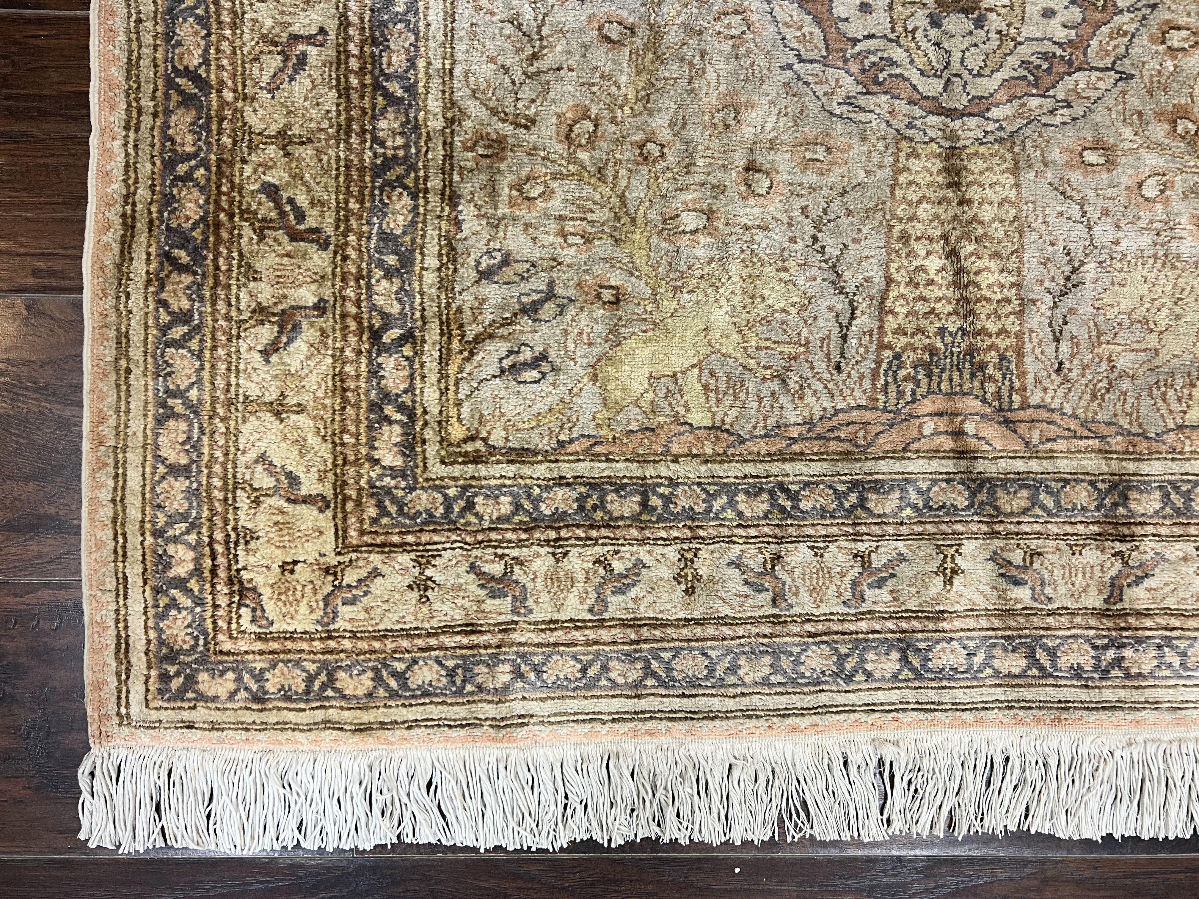 Turkish Kayseri Silk Rug 4x6, Tree of Life Pattern, Vintage Handmade Hand Knotted Carpet, Animal Pictorials, Birds - Image 8
