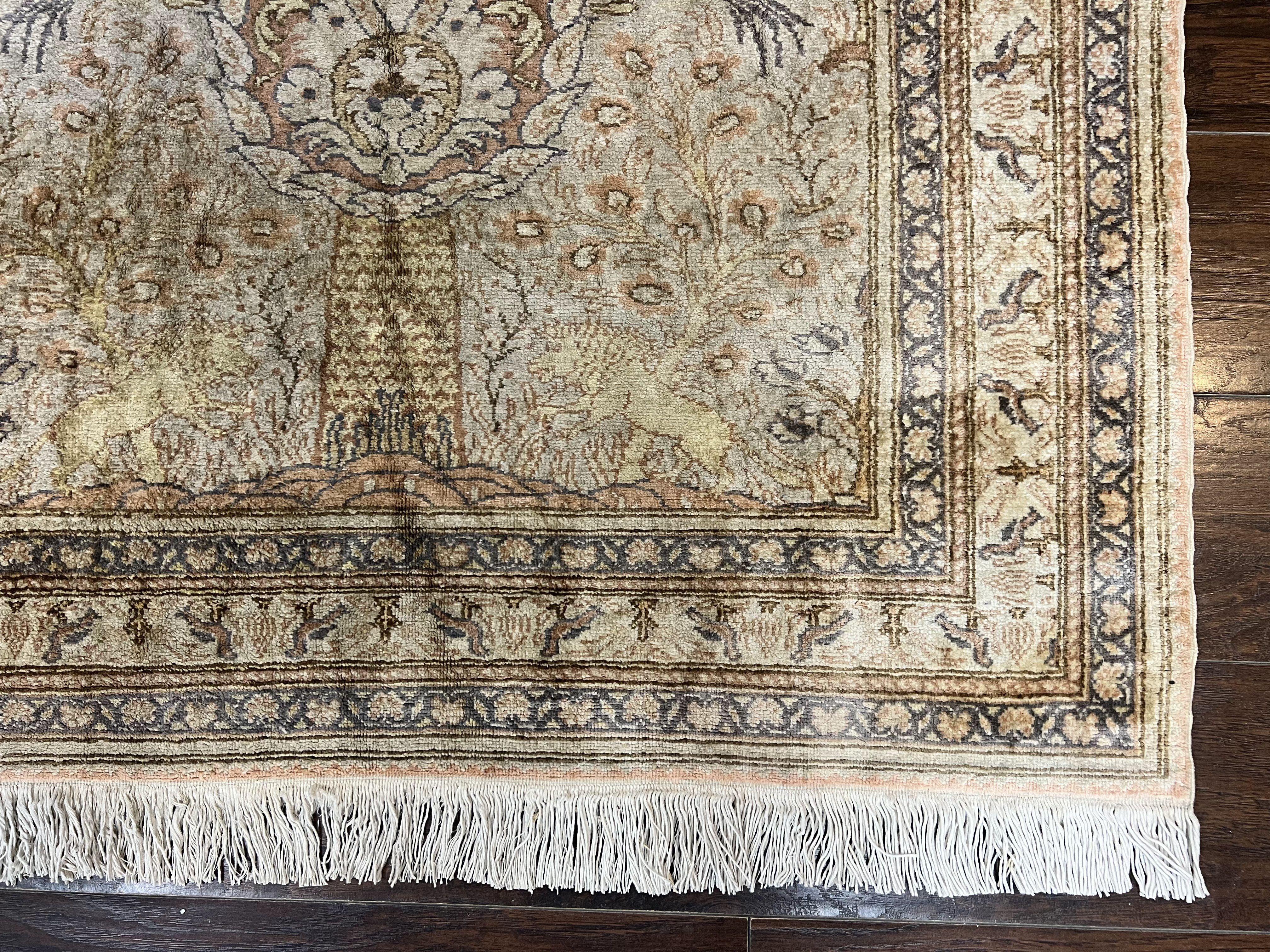 Turkish Kayseri Silk Rug 4x6, Tree of Life Pattern, Vintage Handmade Hand Knotted Carpet, Animal Pictorials, Birds - Image 9