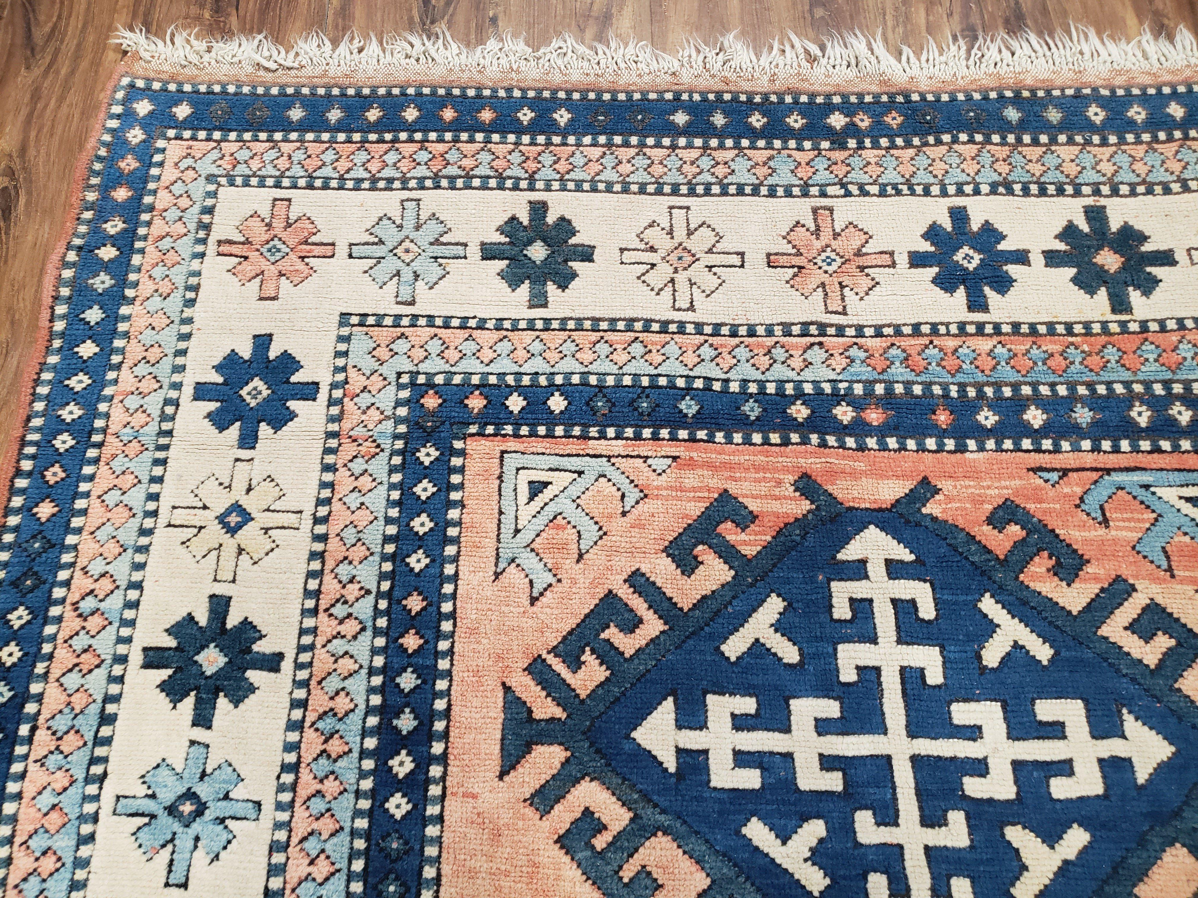 Turkish Kazak Rug 5x8 ft, Bold Geometric Bohemian Carpet, Blue and Ivory Hand Knotted Area Rug, Medium Sized High Quality Wool Oriental Rug - Image 6
