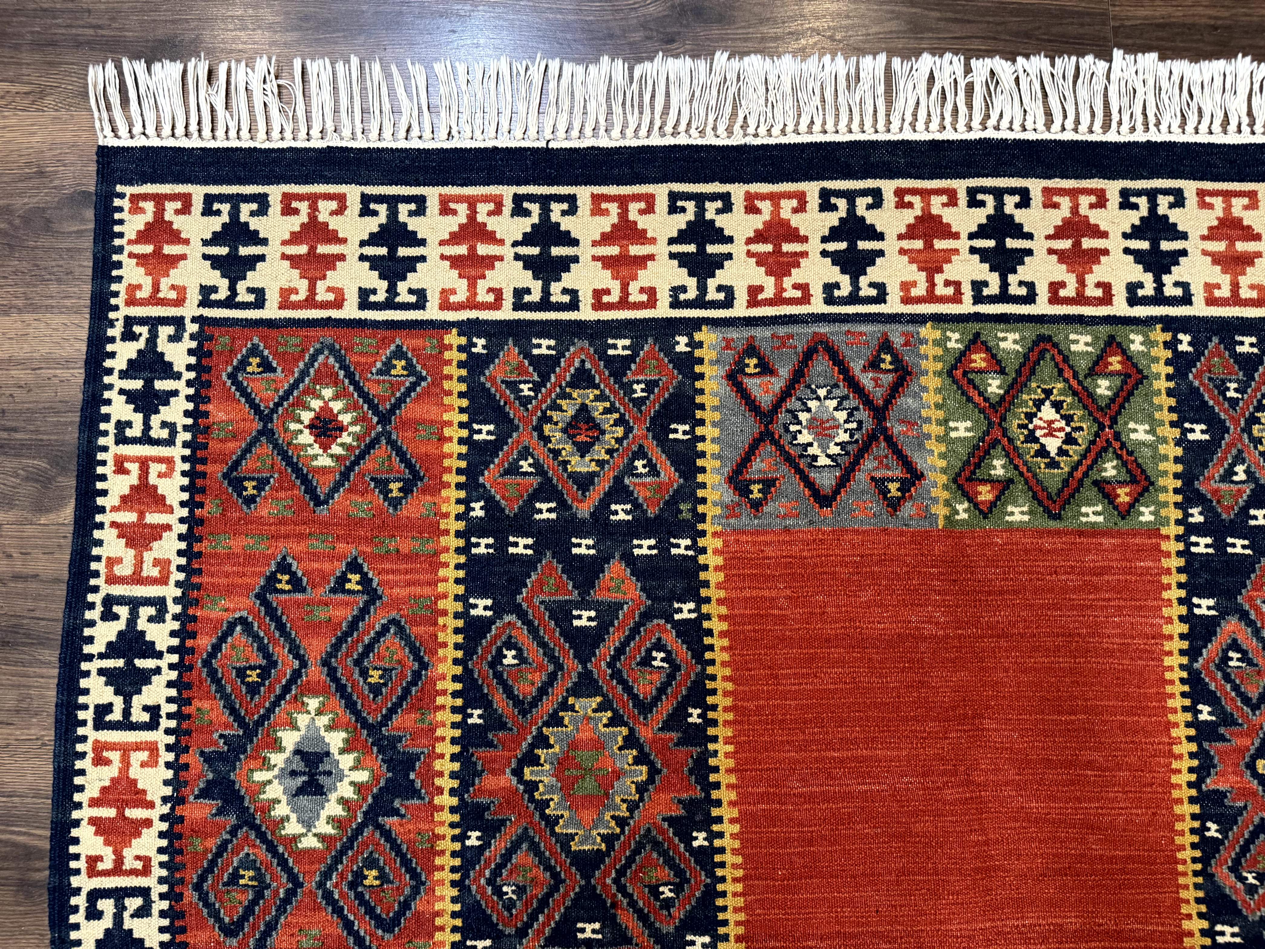 Turkish Kilim Rug 5x8, Flatweave Carpet, Handmade Bohemian Rug, Terracotta and Navy Blue - Image 6