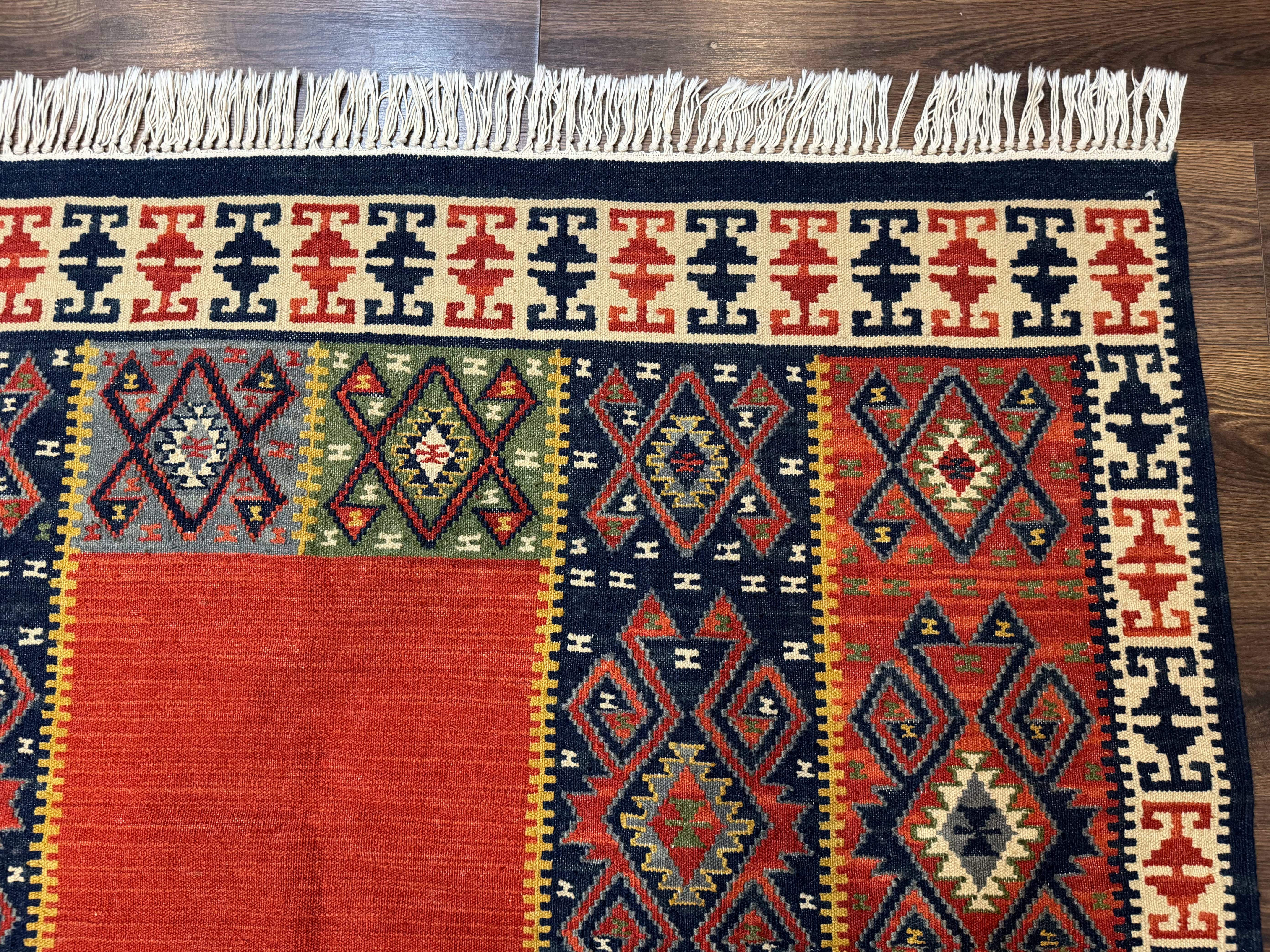 Turkish Kilim Rug 5x8, Flatweave Carpet, Handmade Bohemian Rug, Terracotta and Navy Blue - Image 7