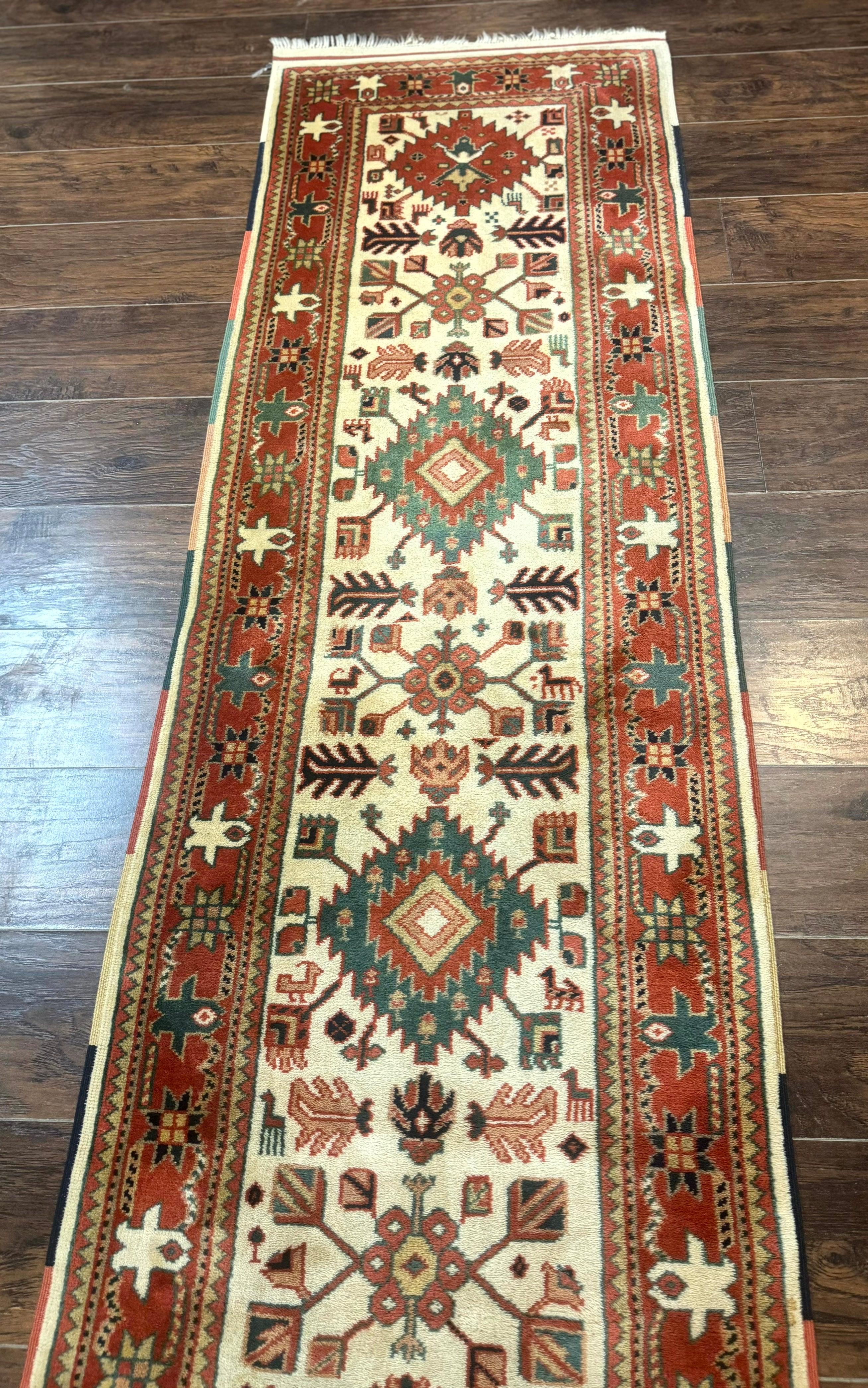 Turkish Runner Rug 2.4 x 8, Kazak Geometric Heriz Pattern, Beige Red - Image 12