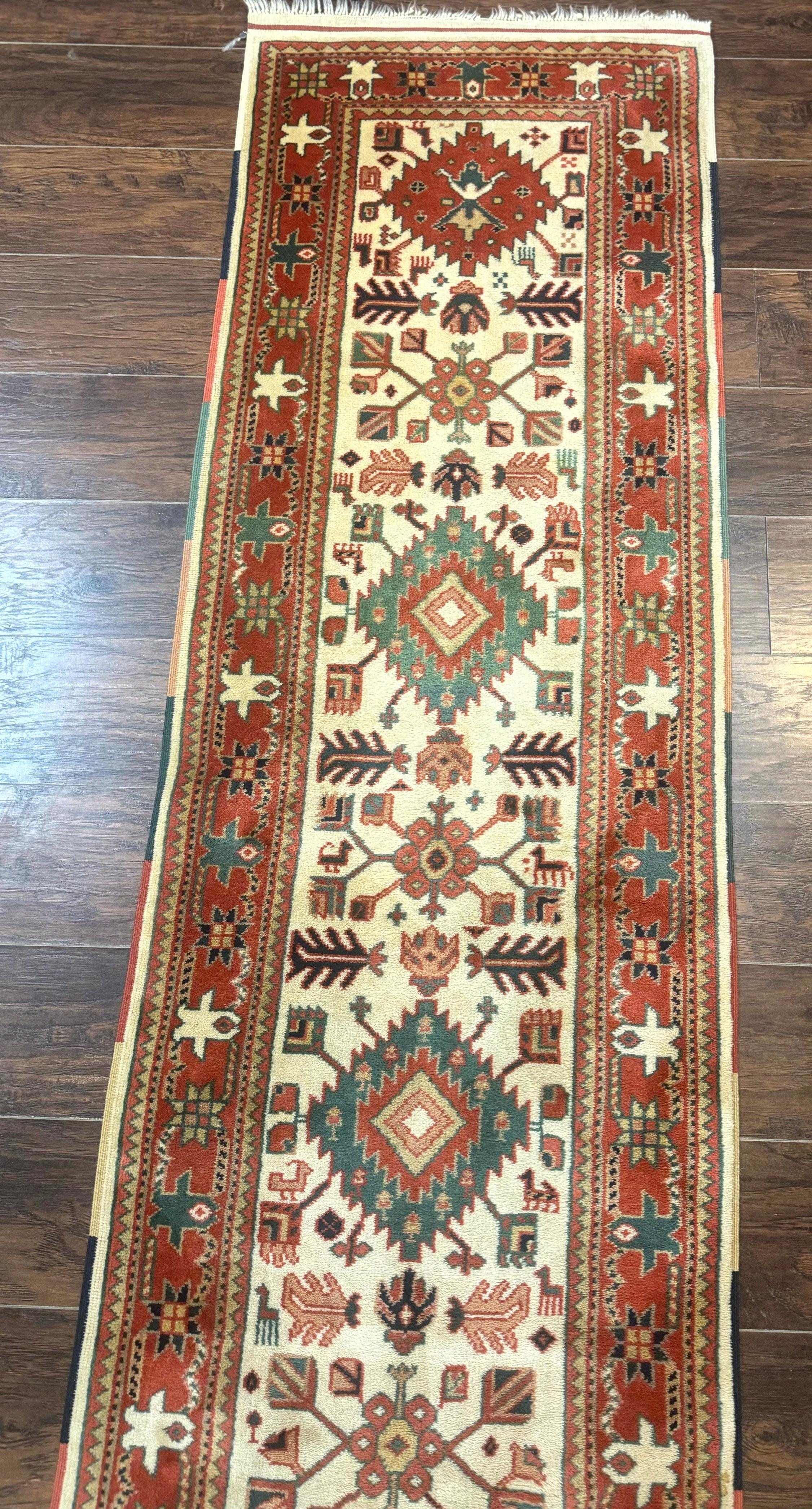 Turkish Runner Rug 2.4 x 8, Kazak Geometric Heriz Pattern, Beige Red - Image 2