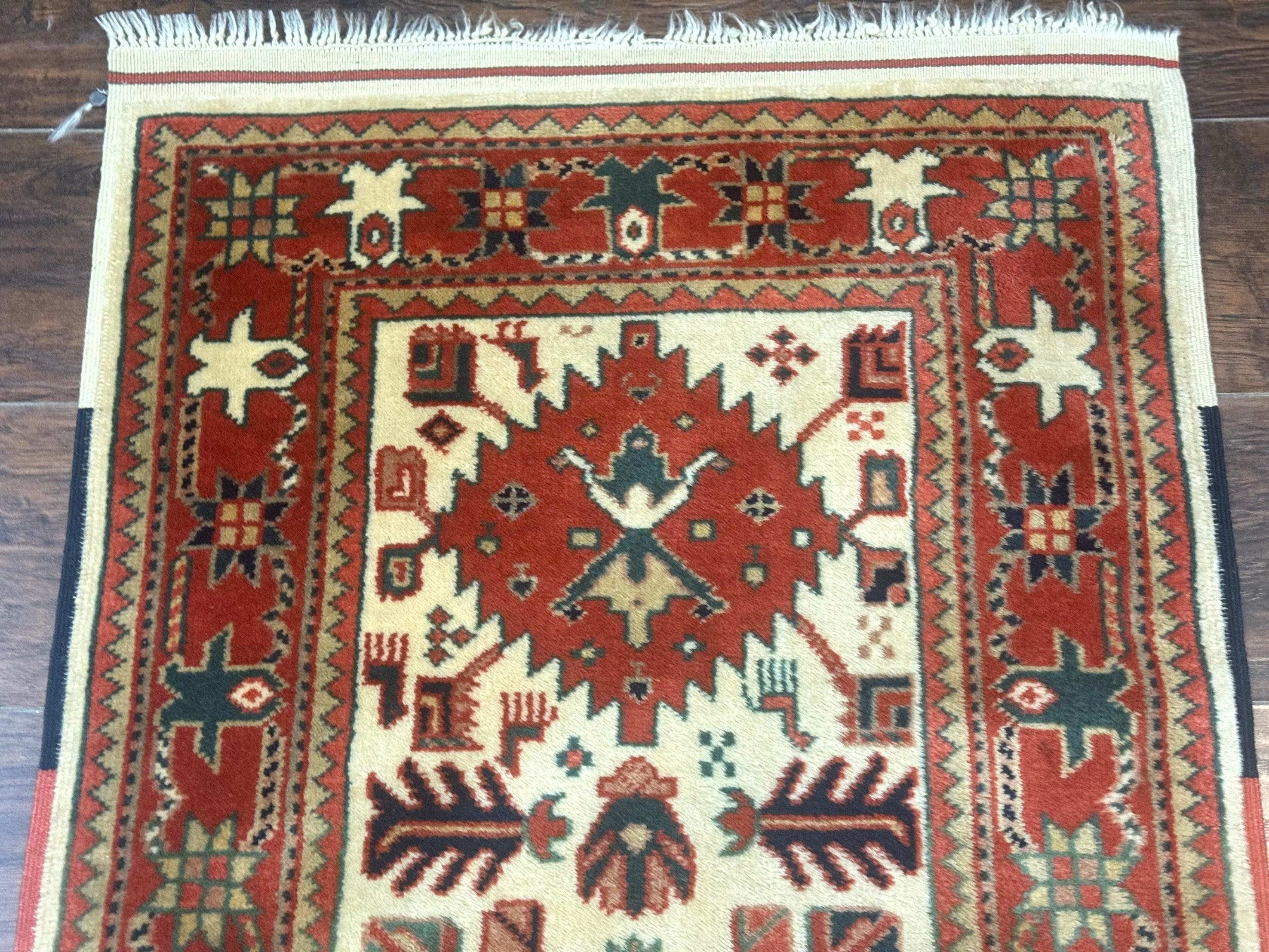 Turkish Runner Rug 2.4 x 8, Kazak Geometric Heriz Pattern, Beige Red - Image 3