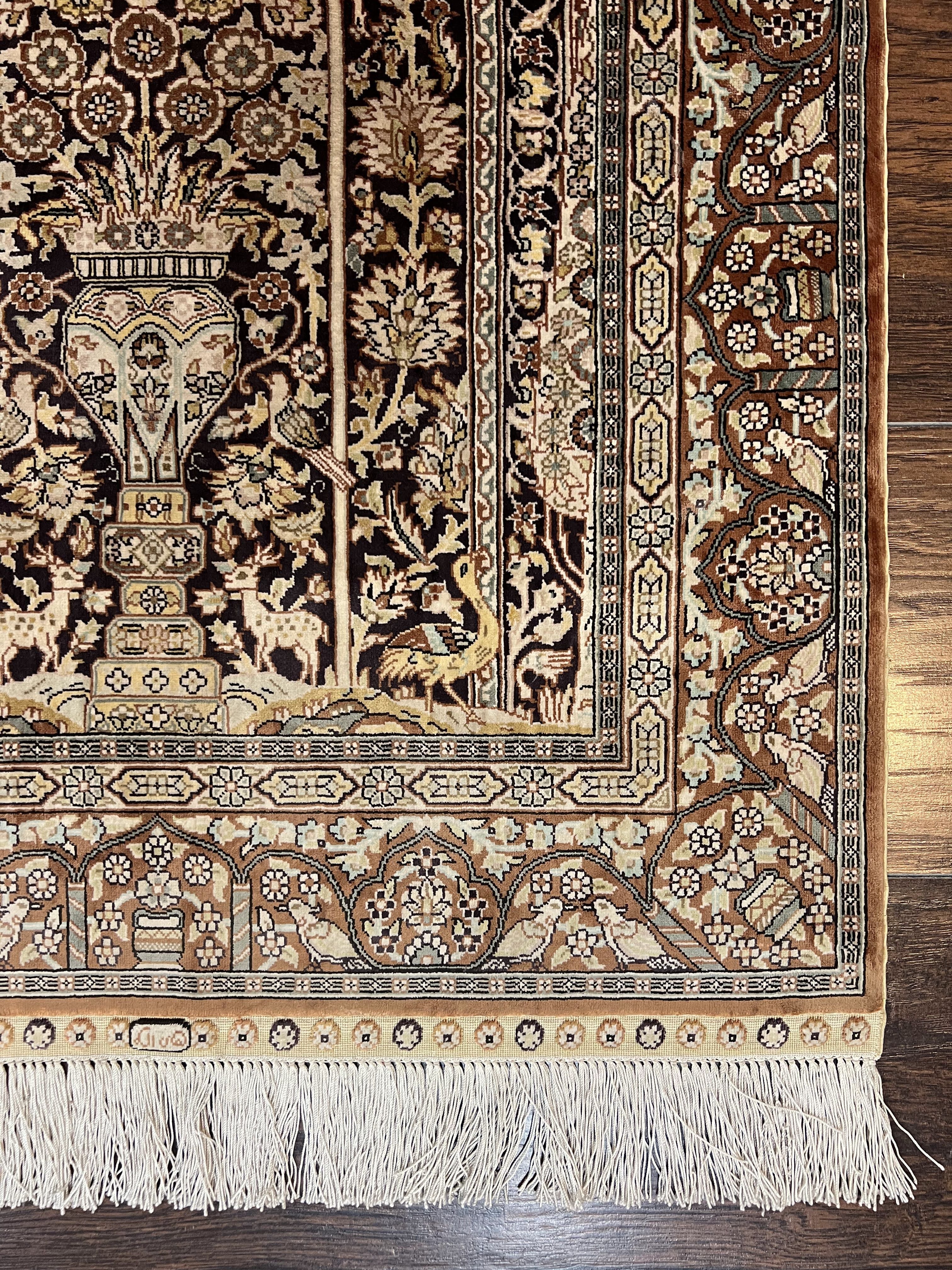 Turkish Silk Hereke Rug 2x3, Floral Vase Tree of Life Birds, Silk Pile on Silk Foundation, Vintage Oriental Carpet, Very Fine, Signature - Image 10