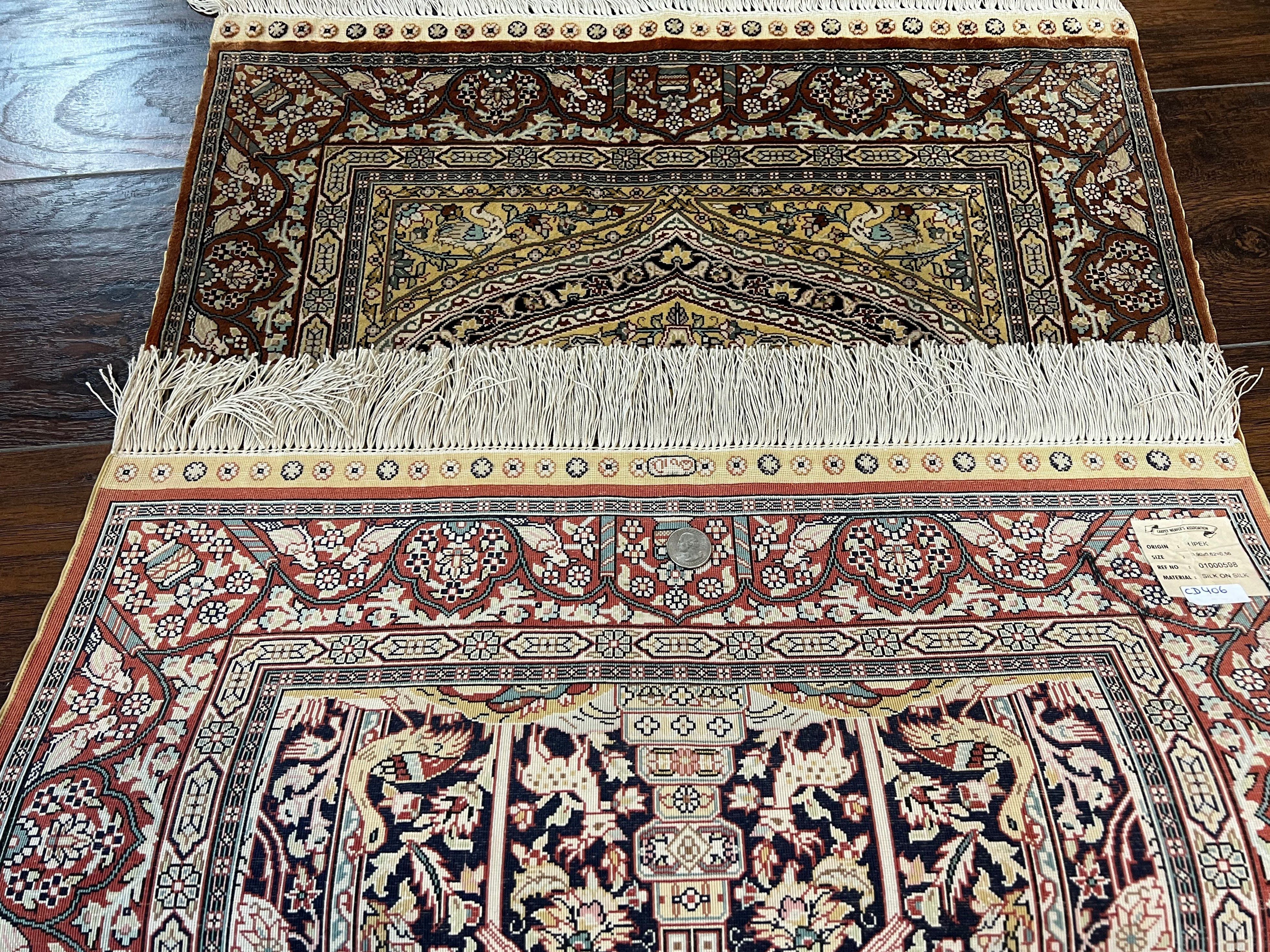 Turkish Silk Hereke Rug 2x3, Floral Vase Tree of Life Birds, Silk Pile on Silk Foundation, Vintage Oriental Carpet, Very Fine, Signature - Image 12