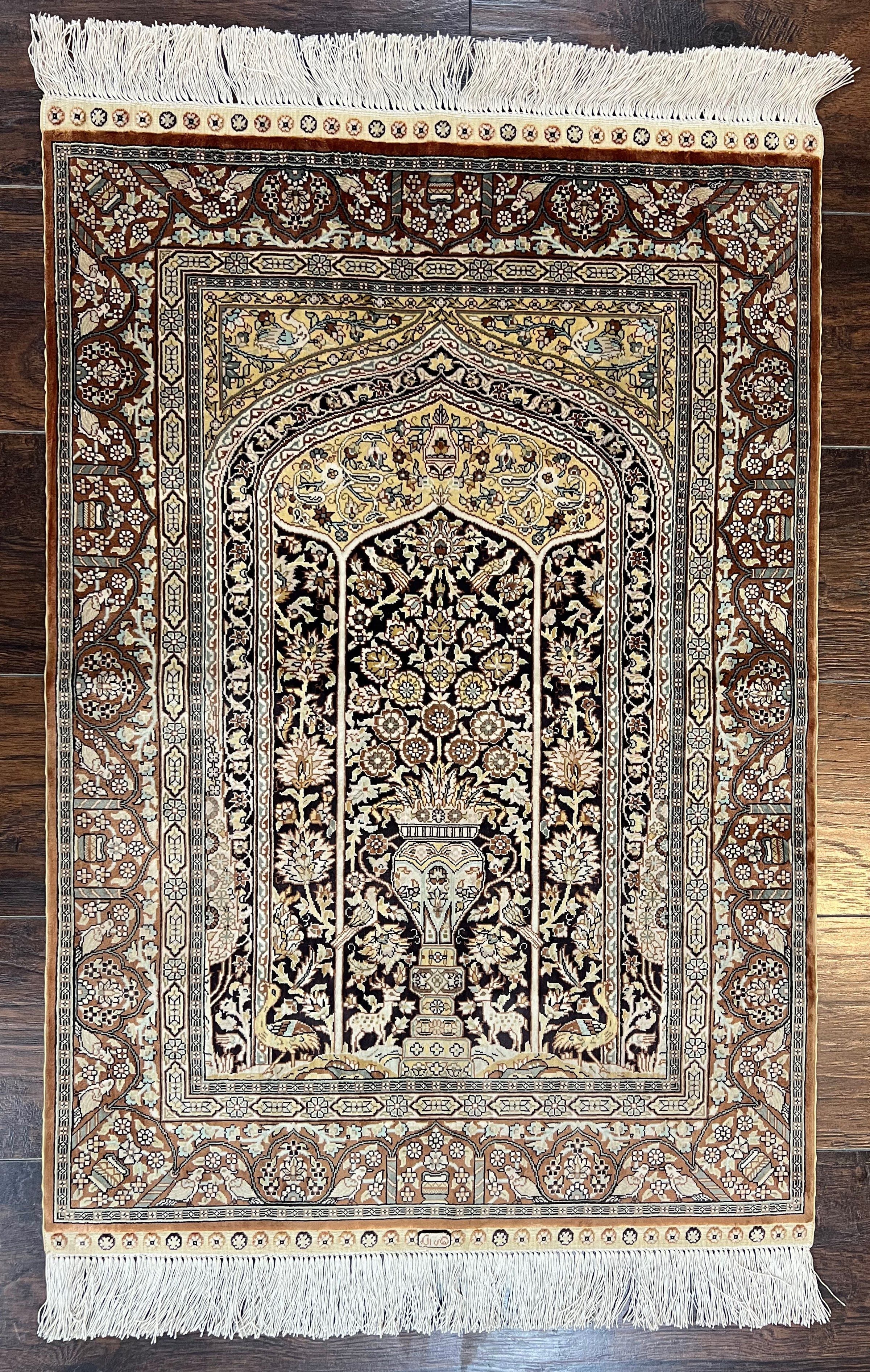 Turkish Silk Hereke Rug 2x3, Floral Vase Tree of Life Birds, Silk Pile on Silk Foundation, Vintage Oriental Carpet, Very Fine, Signature - Image 13