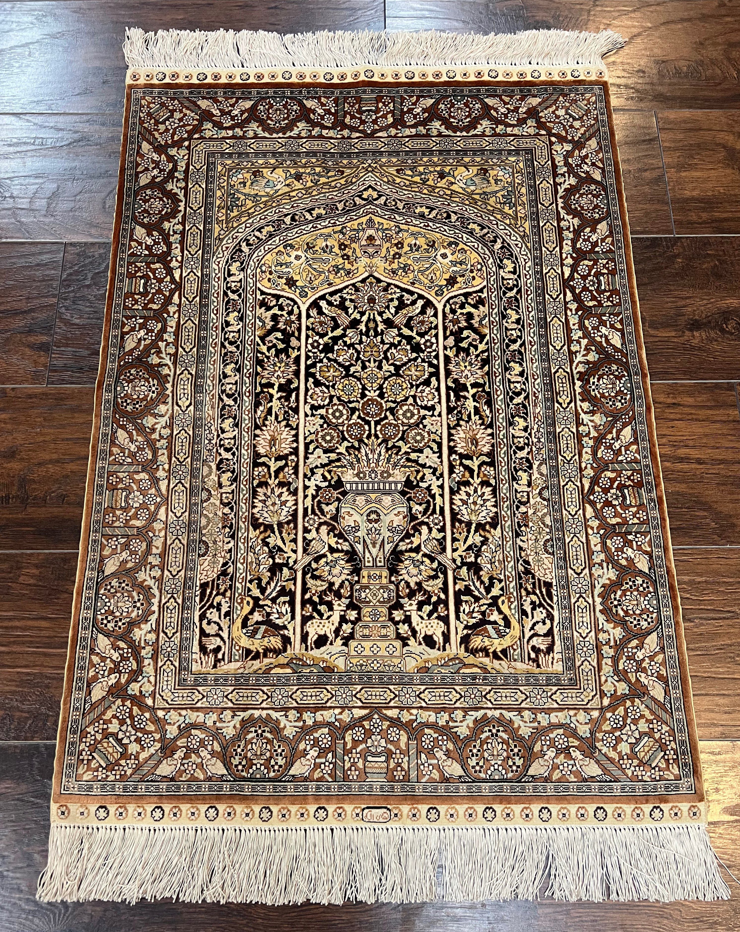 Turkish Silk Hereke Rug 2x3, Floral Vase Tree of Life Birds, Silk Pile on Silk Foundation, Vintage Oriental Carpet, Very Fine, Signature - Image 2