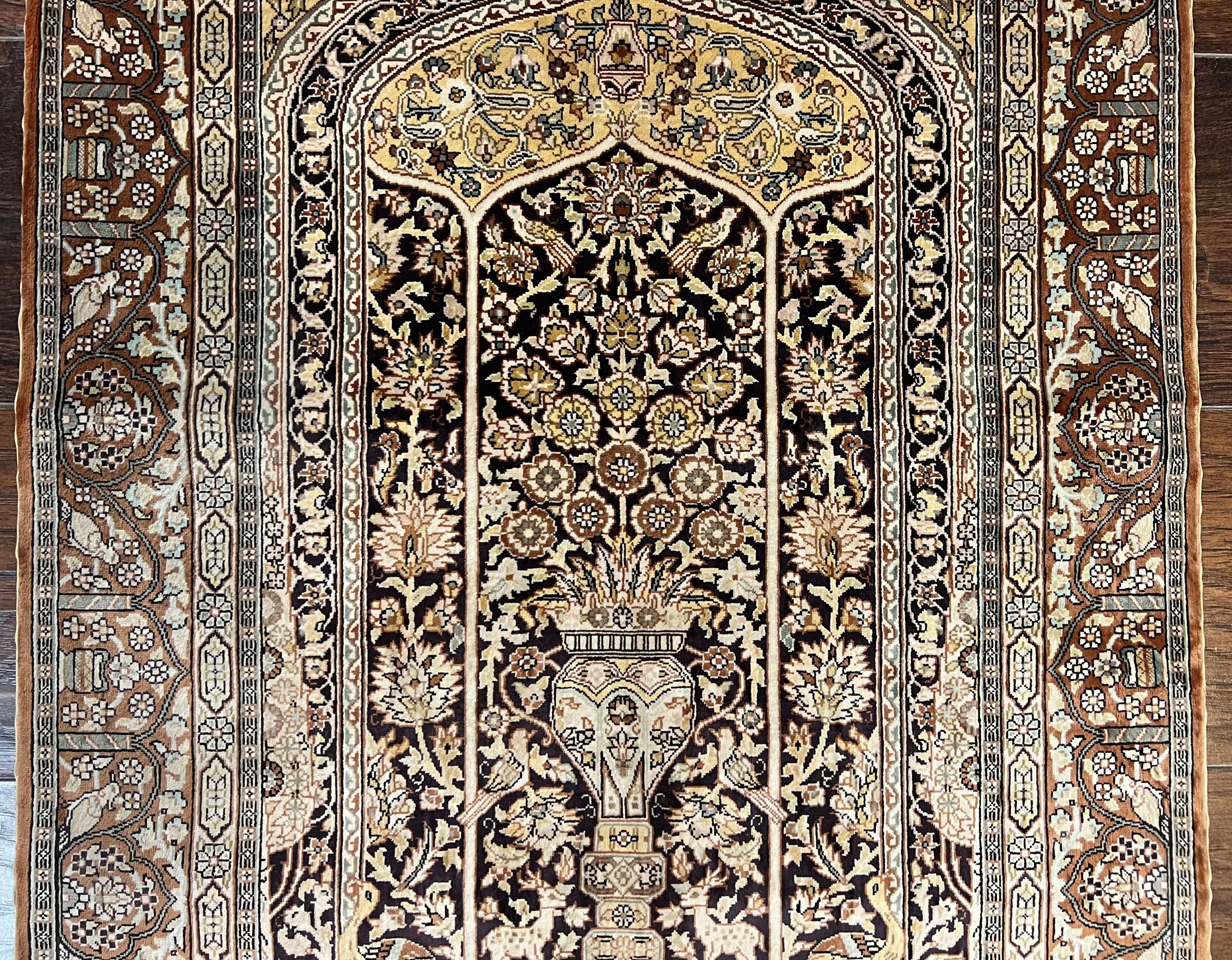 Turkish Silk Hereke Rug 2x3, Floral Vase Tree of Life Birds, Silk Pile on Silk Foundation, Vintage Oriental Carpet, Very Fine, Signature - Image 4