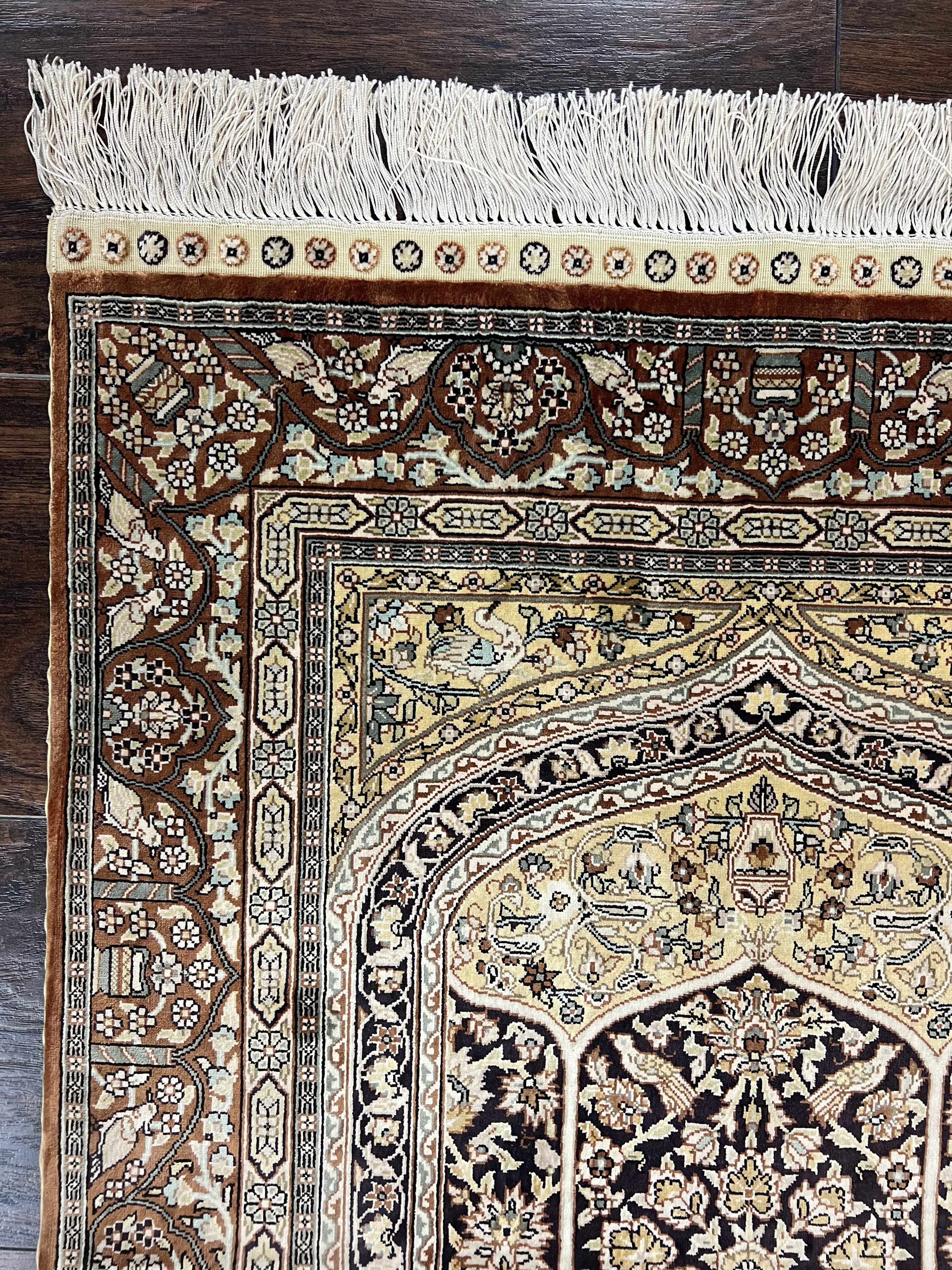 Turkish Silk Hereke Rug 2x3, Floral Vase Tree of Life Birds, Silk Pile on Silk Foundation, Vintage Oriental Carpet, Very Fine, Signature - Image 7