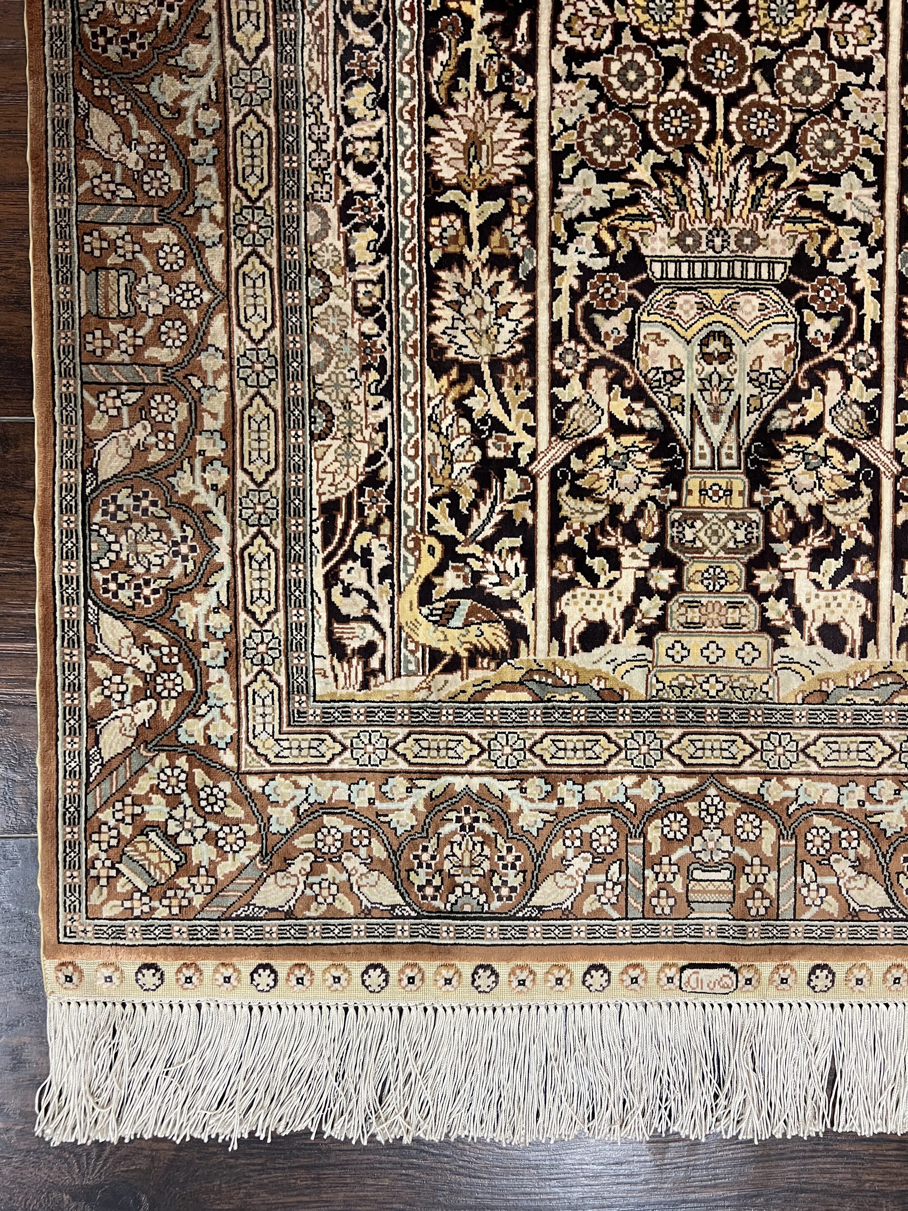 Turkish Silk Hereke Rug 2x3, Floral Vase Tree of Life Birds, Silk Pile on Silk Foundation, Vintage Oriental Carpet, Very Fine, Signature - Image 9