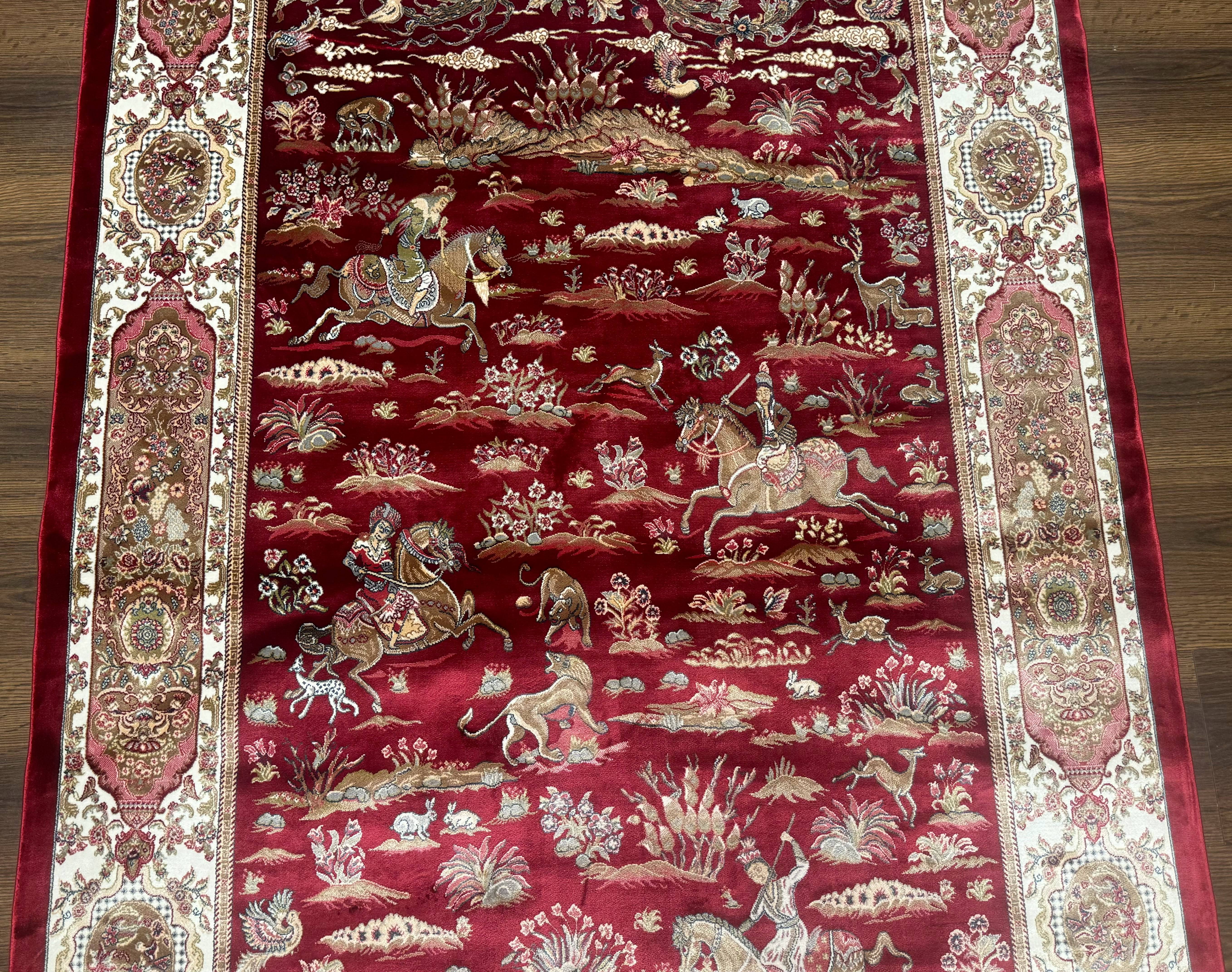 Turkish Silk Hunting Design Rug 4x6, Dark Red & Ivory, Bamboo Silk, New - Image 11
