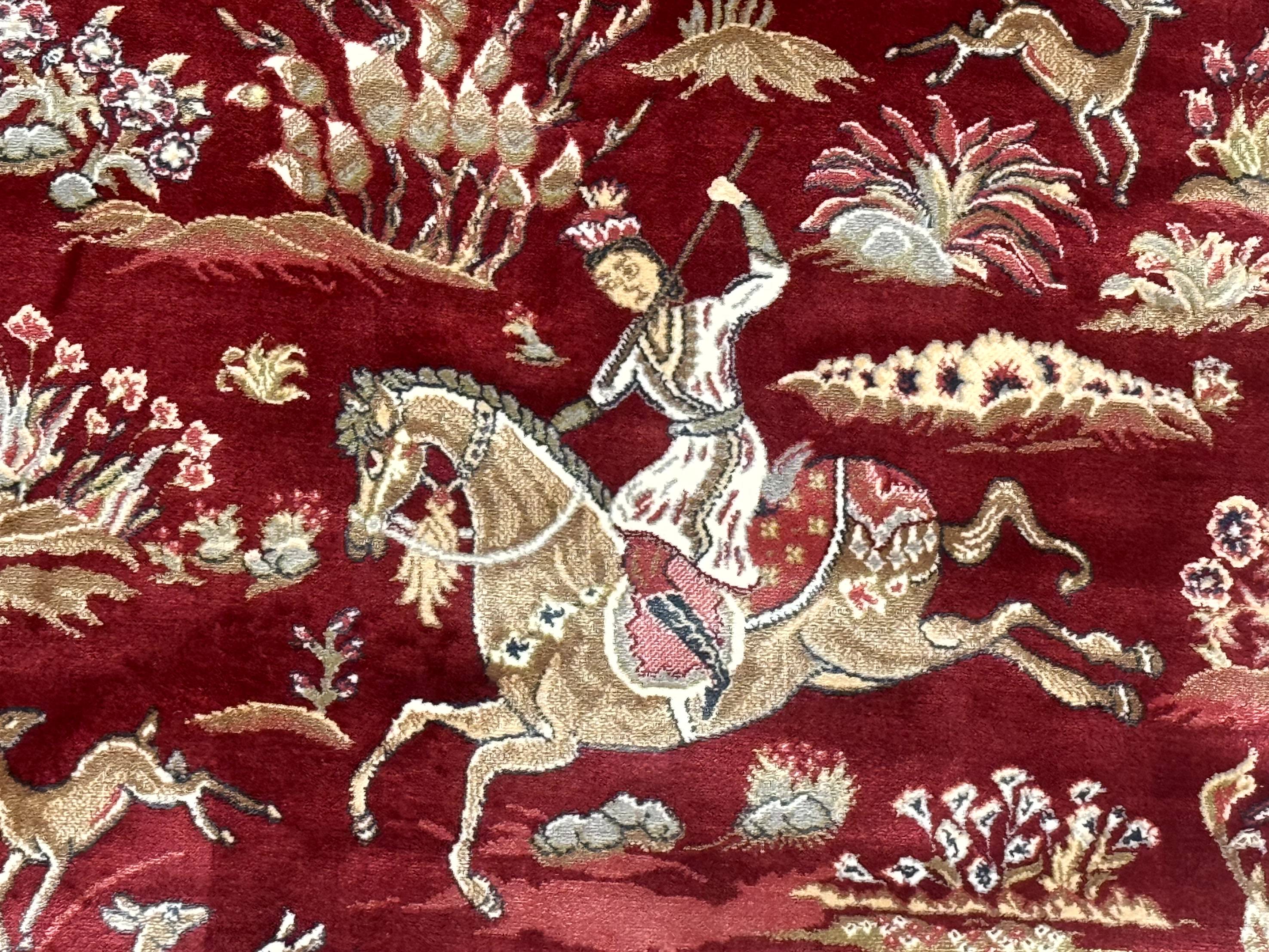 Turkish Silk Hunting Design Rug 4x6, Dark Red & Ivory, Bamboo Silk, New - Image 3