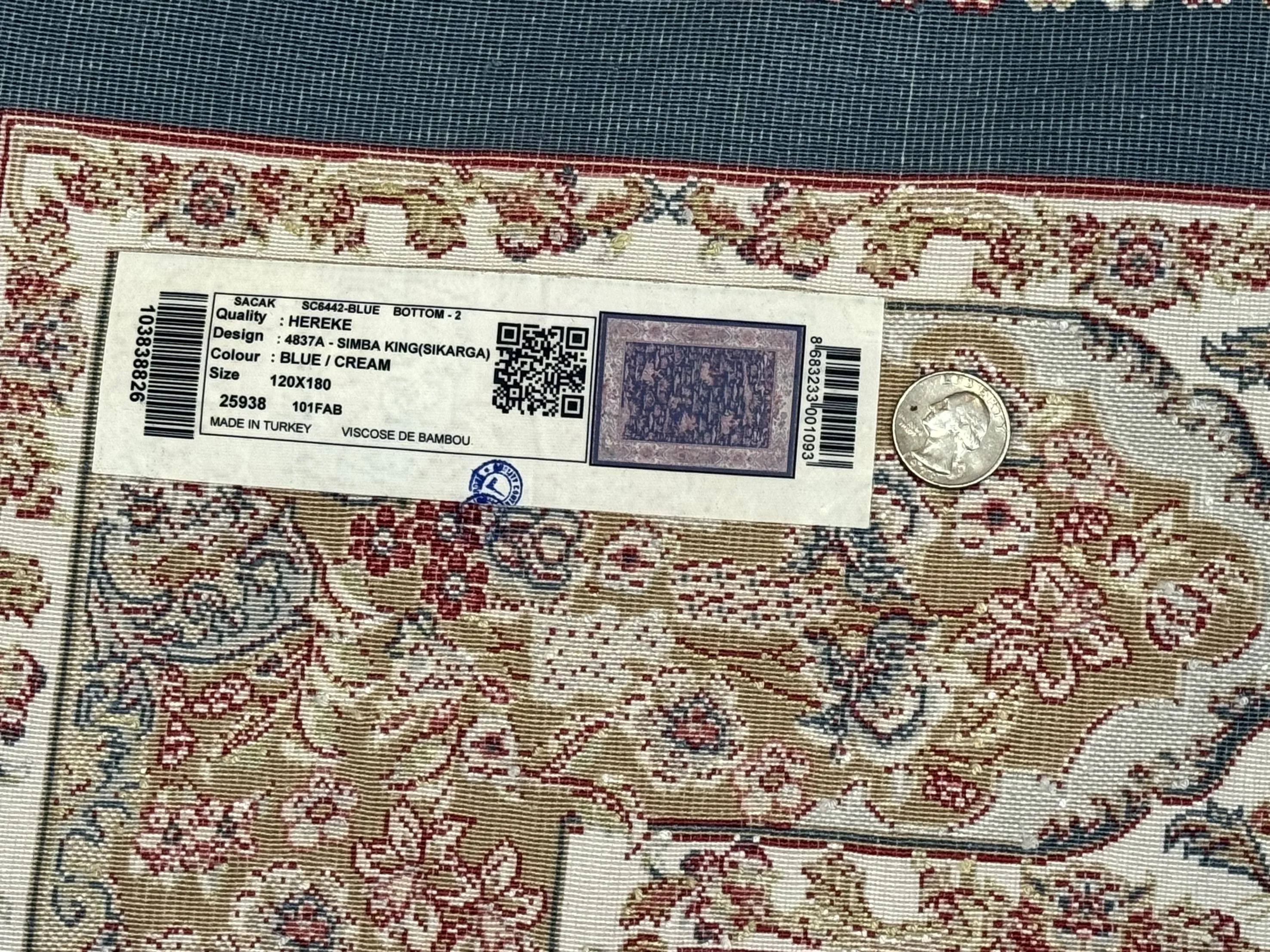 Turkish Silk Hunting Design Rug 4x6, Dark Steel Blue & Ivory, Bamboo Silk, New - Image 10