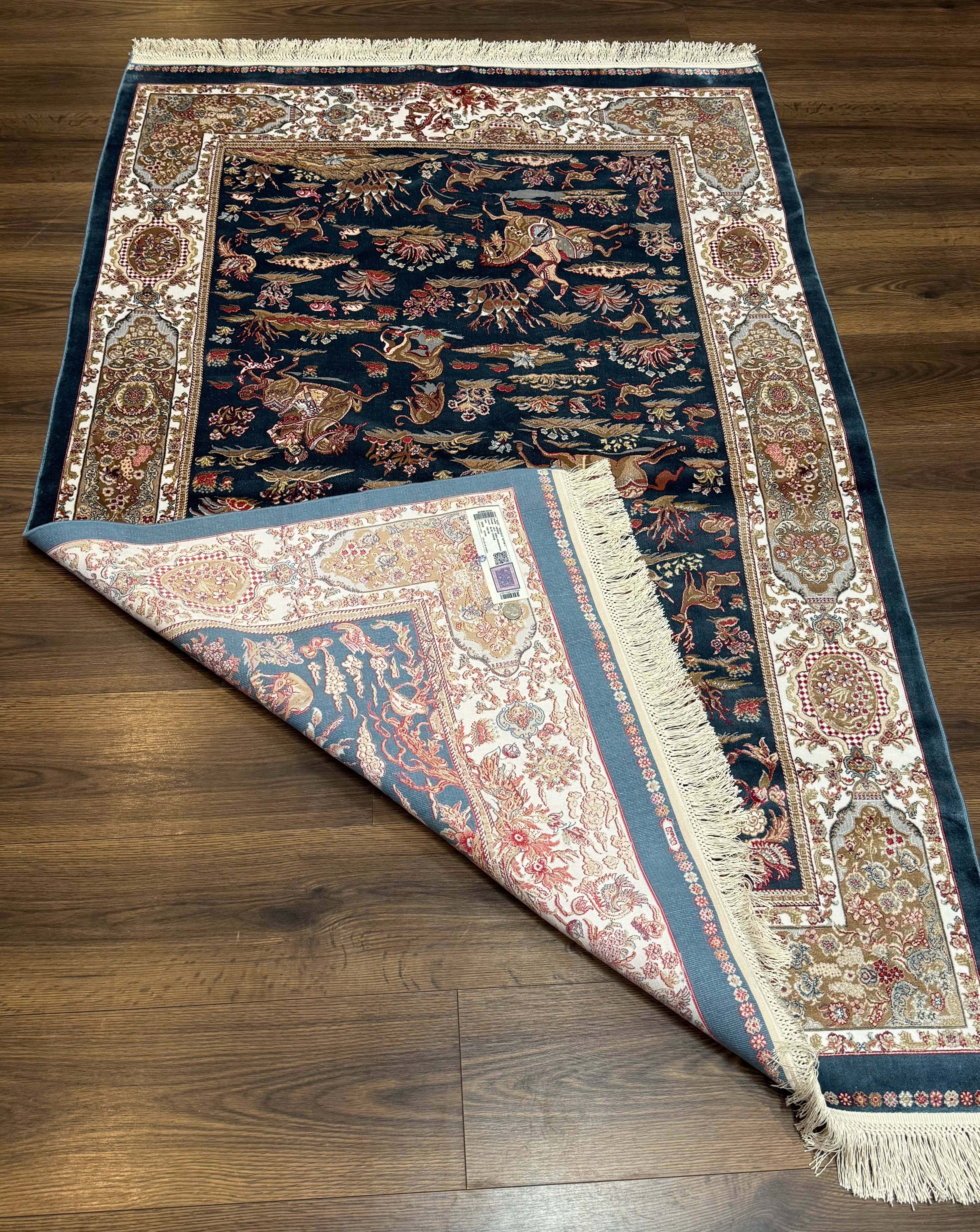 Turkish Silk Hunting Design Rug 4x6, Dark Steel Blue & Ivory, Bamboo Silk, New - Image 11