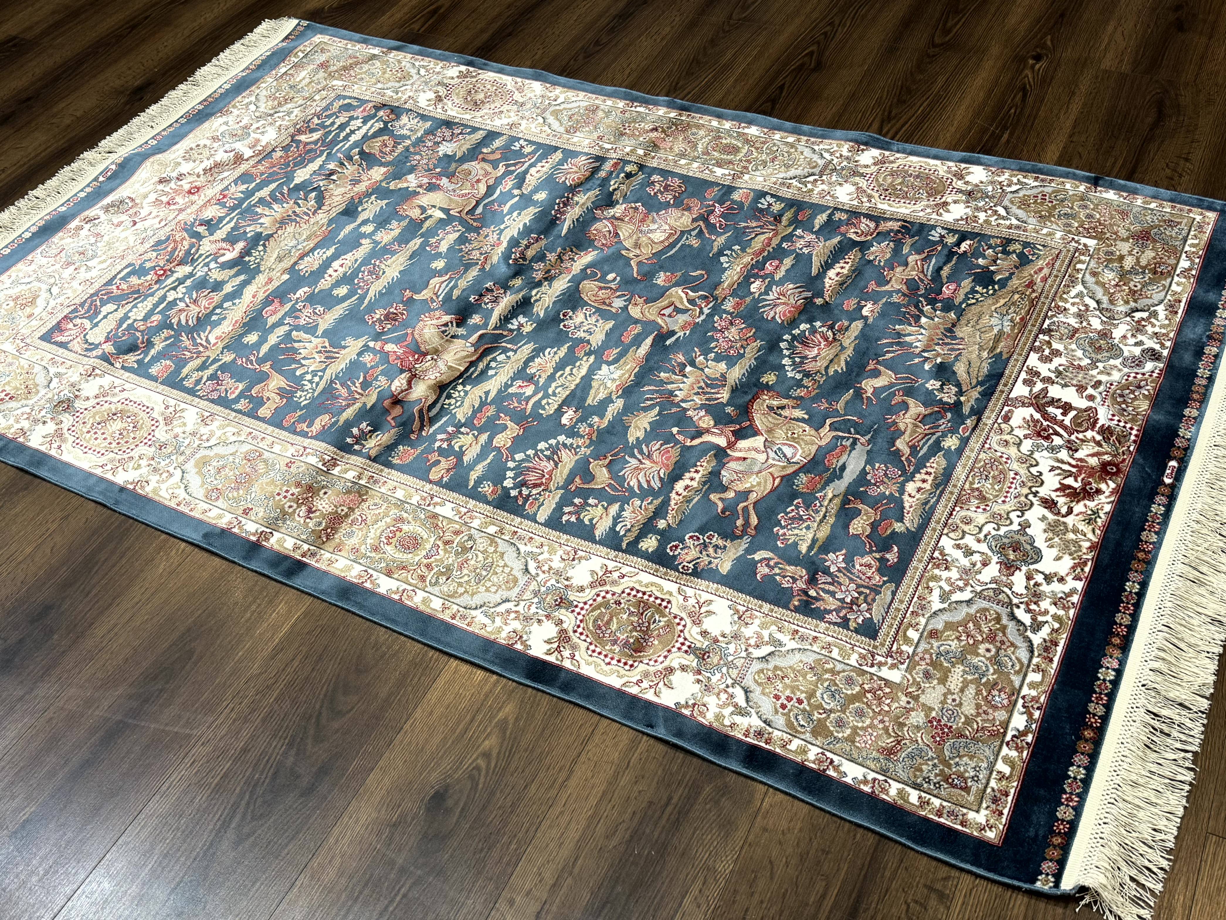 Turkish Silk Hunting Design Rug 4x6, Dark Steel Blue & Ivory, Bamboo Silk, New - Image 12