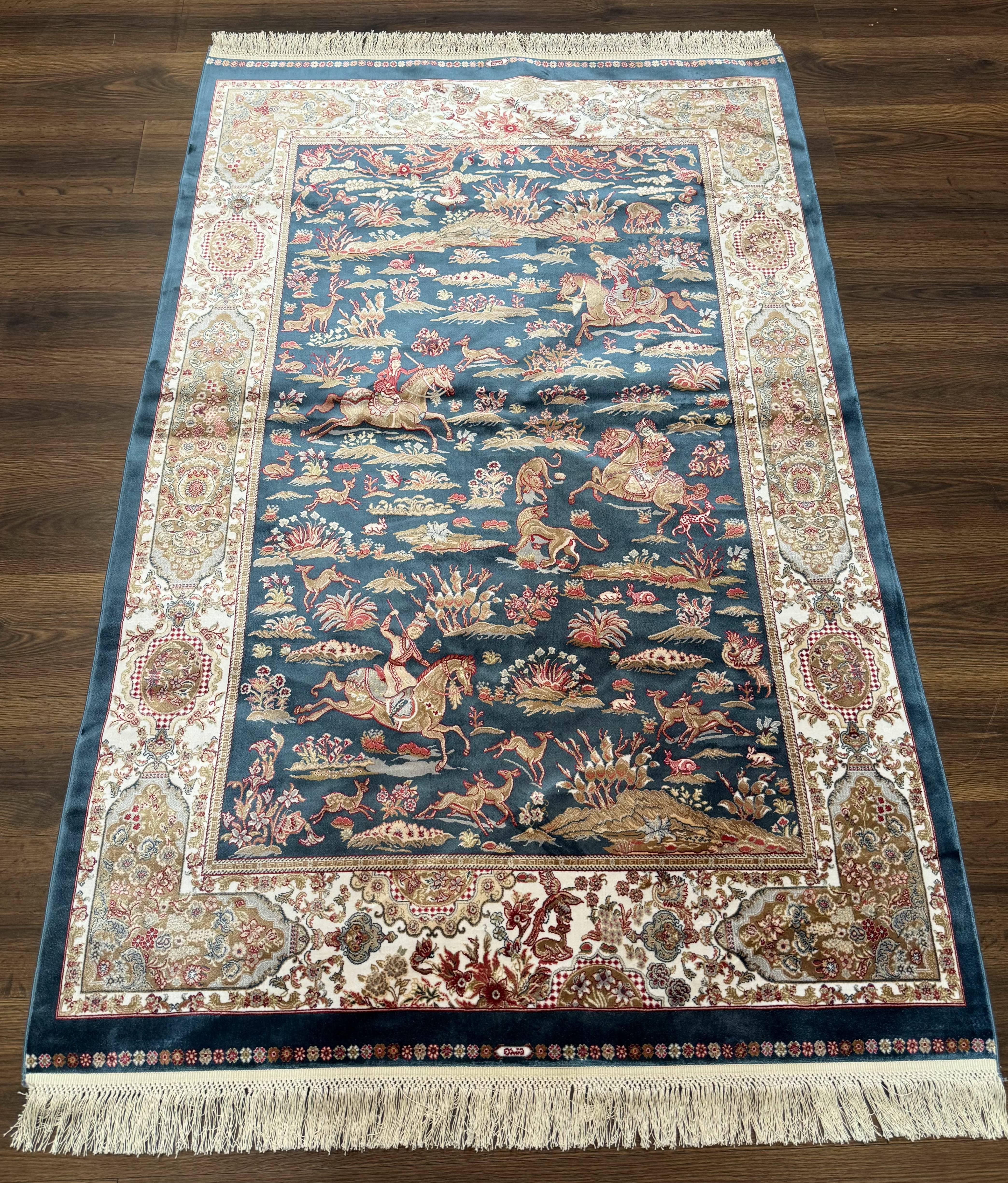 Turkish Silk Hunting Design Rug 4x6, Dark Steel Blue & Ivory, Bamboo Silk, New - Image 2