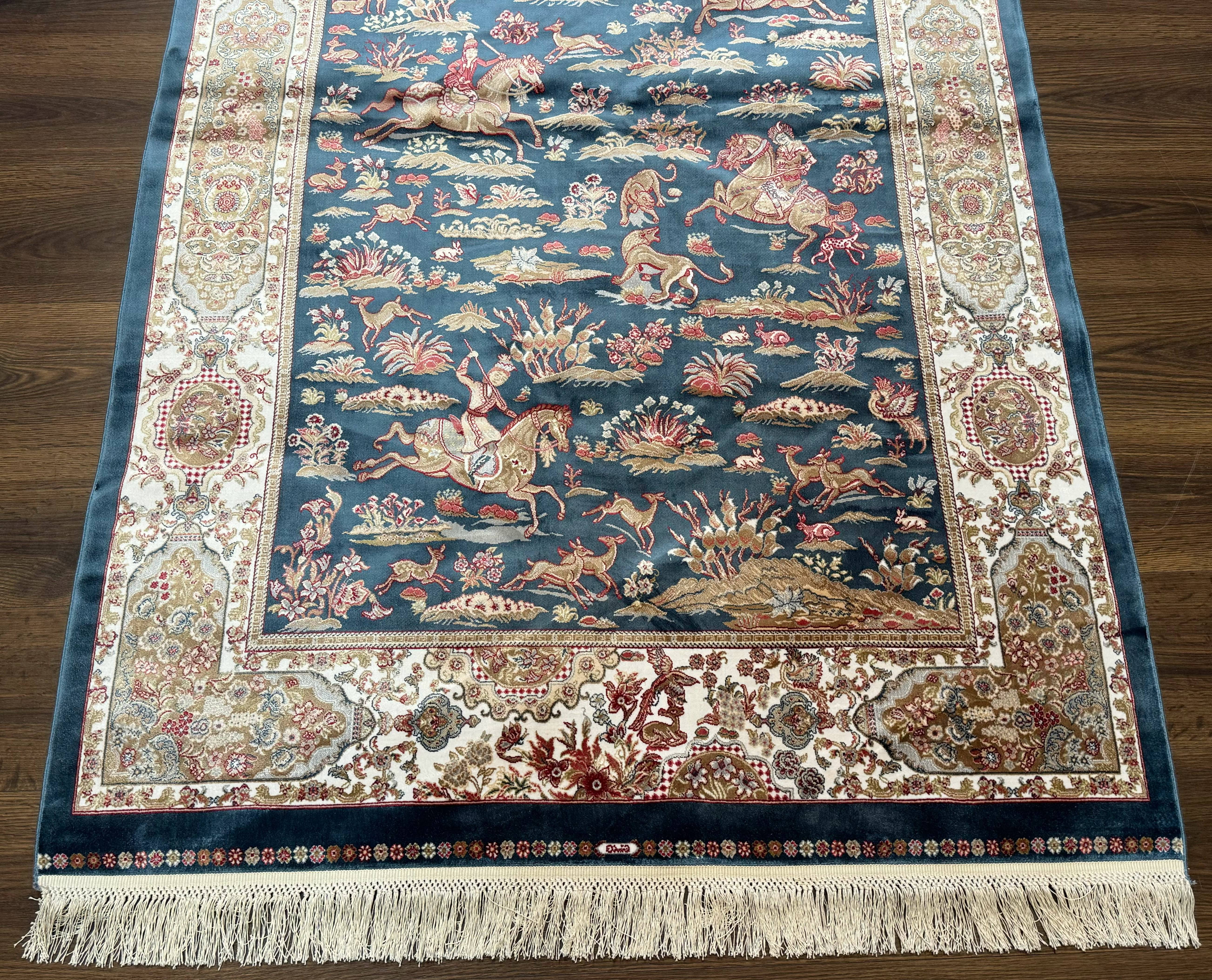 Turkish Silk Hunting Design Rug 4x6, Dark Steel Blue & Ivory, Bamboo Silk, New - Image 5