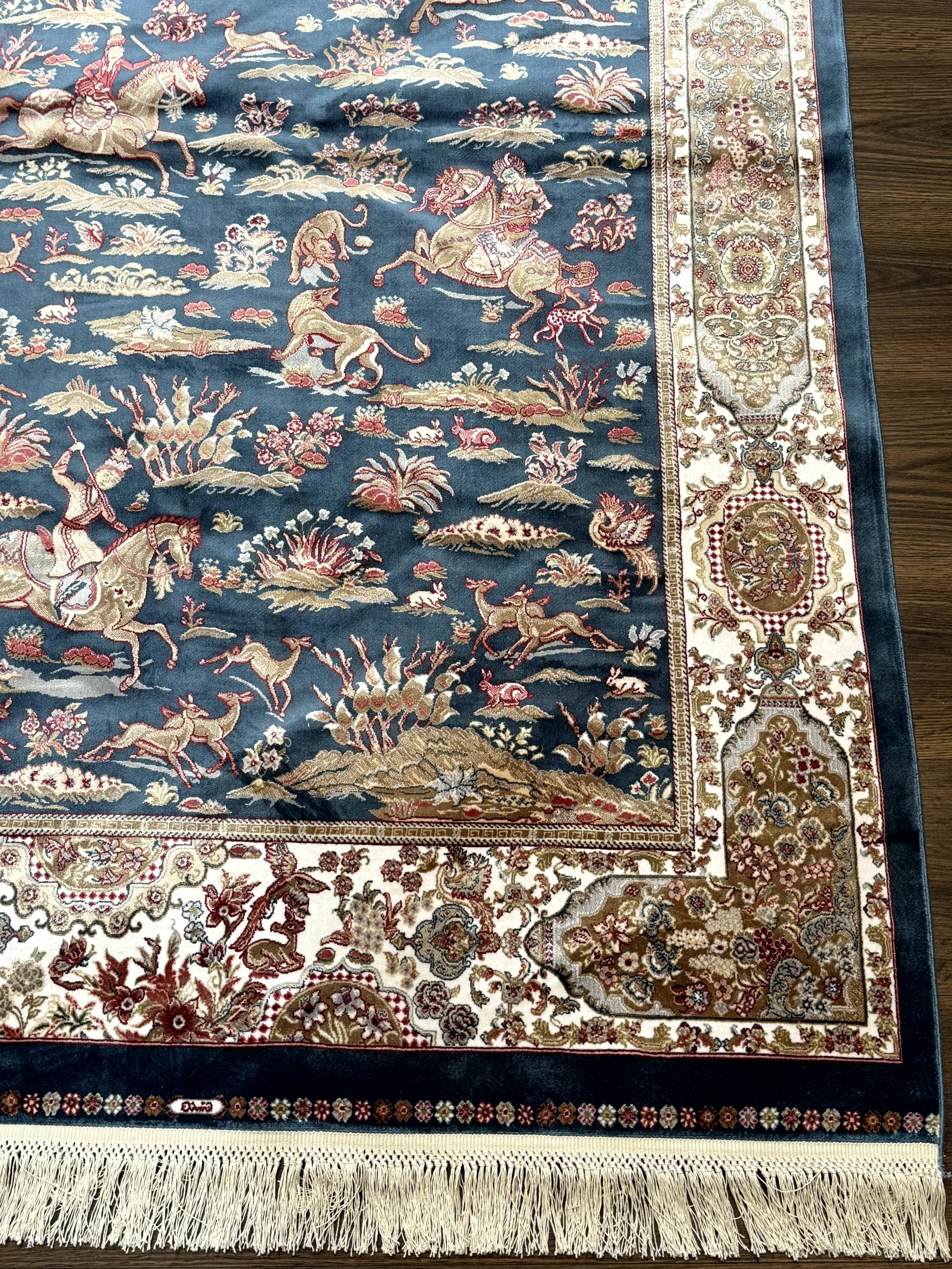 Turkish Silk Hunting Design Rug 4x6, Dark Steel Blue & Ivory, Bamboo Silk, New - Image 7