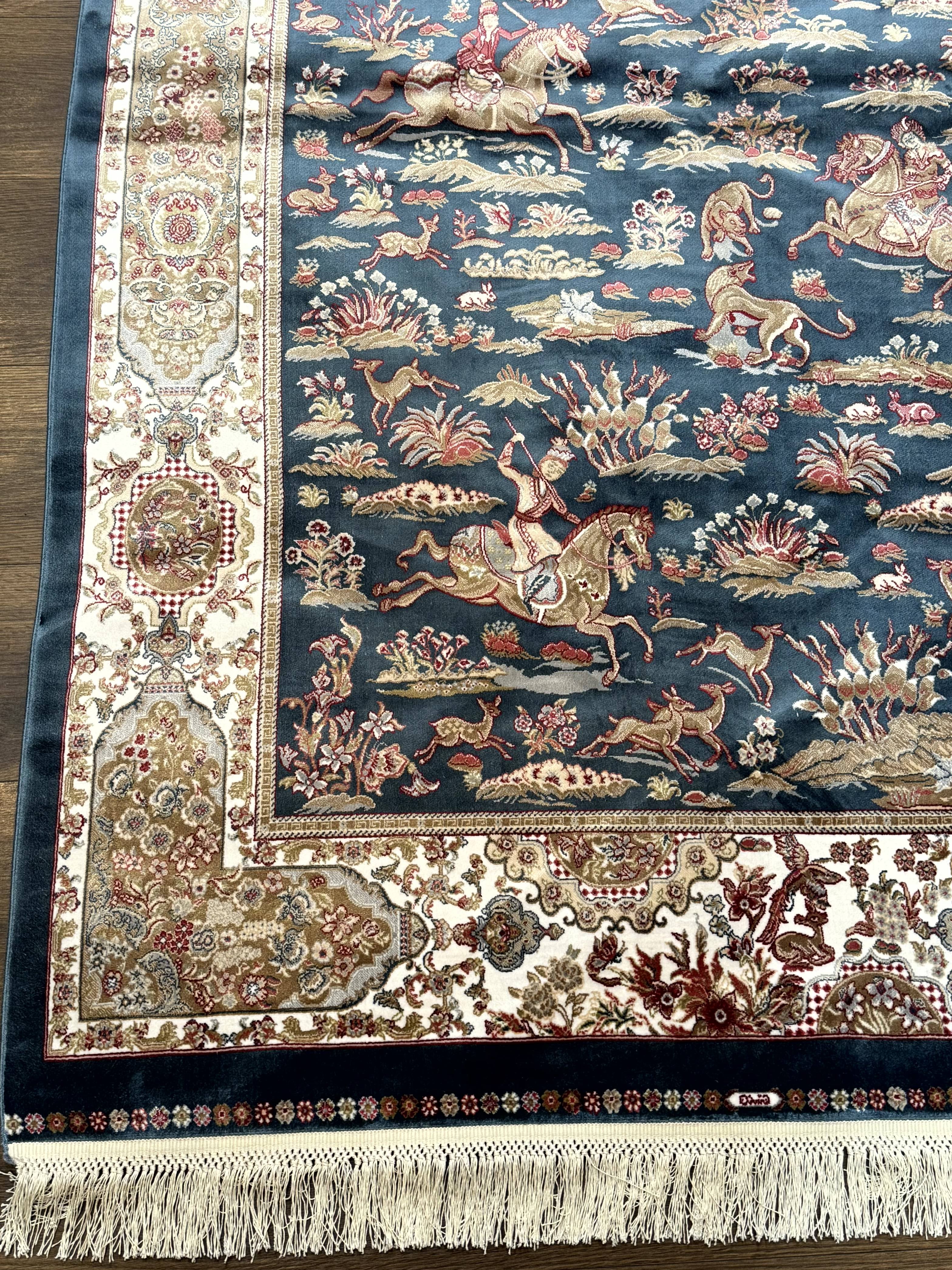 Turkish Silk Hunting Design Rug 4x6, Dark Steel Blue & Ivory, Bamboo Silk, New - Image 8