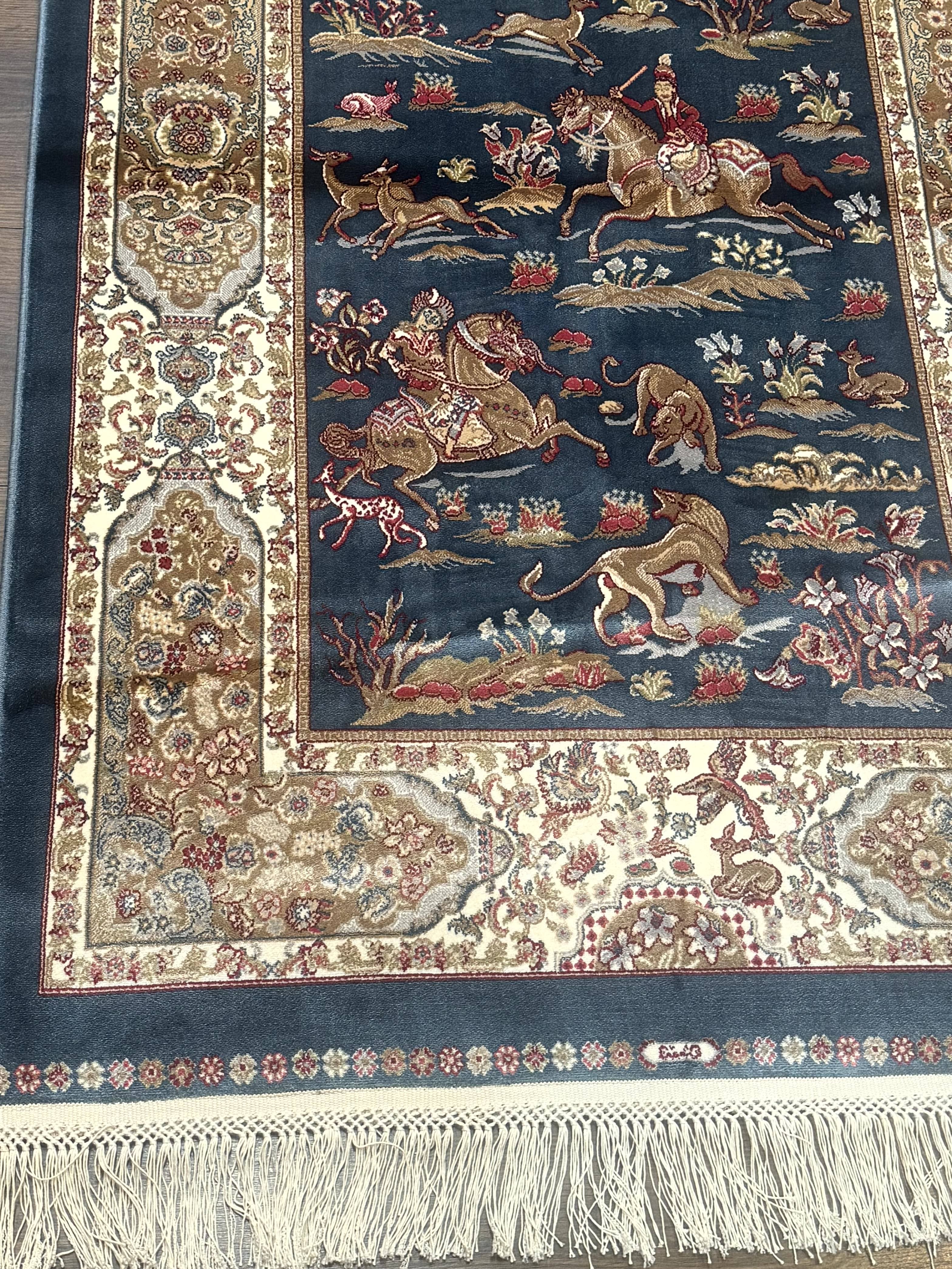 Turkish Silk Hunting Scene Rug 2.6 x 5, Dark Steel Blue & Ivory, Bamboo Silk, New - Image 8