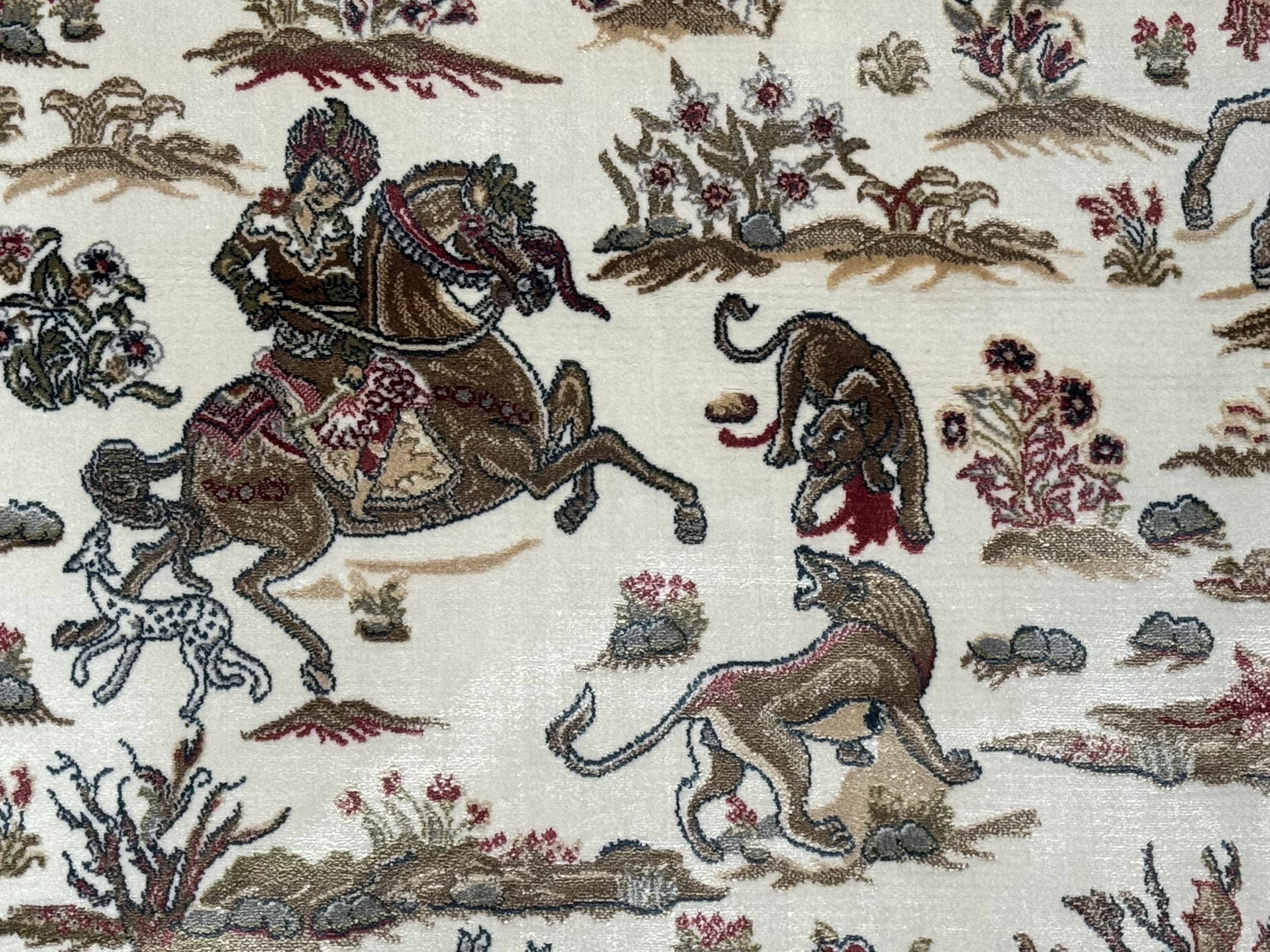 Turkish Silk Hunting Scene Rug 4x6, Ivory, Bamboo Silk, New - Image 4