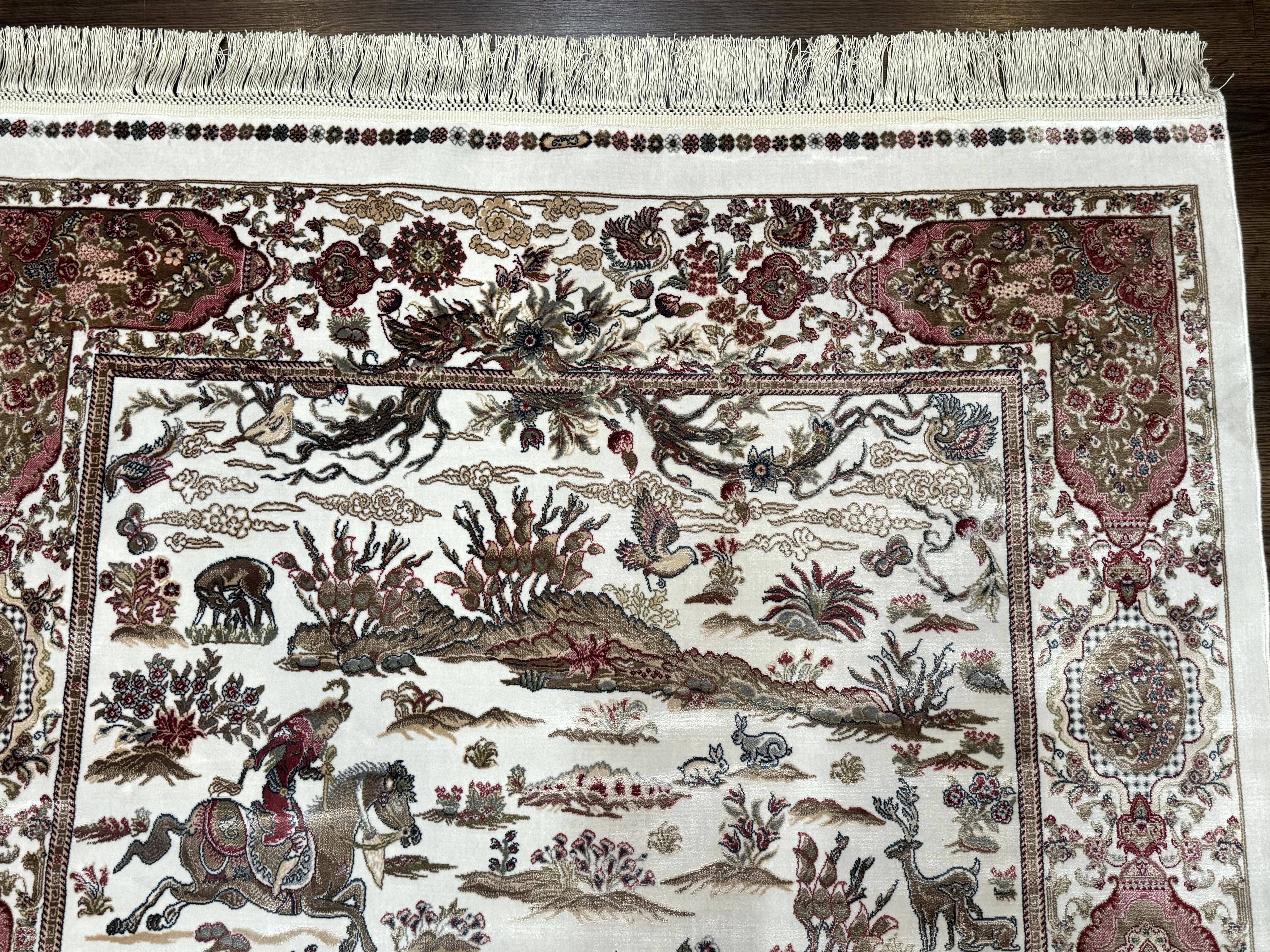 Turkish Silk Hunting Scene Rug 4x6, Ivory, Bamboo Silk, New - Image 7