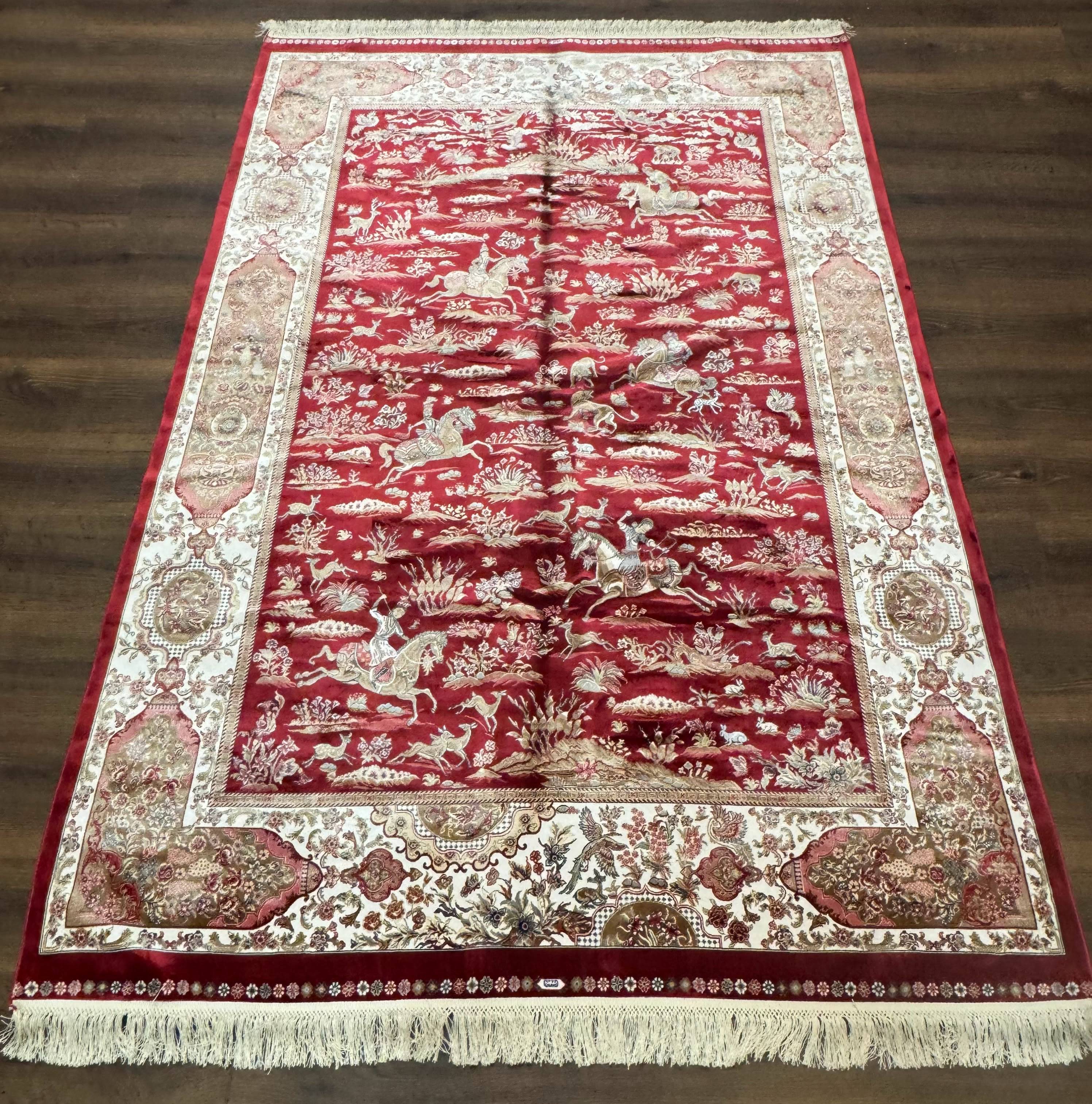 Turkish Silk Hunting Scene Rug 5 x 7.6, Red & Ivory, Bamboo Silk, New - Image 2