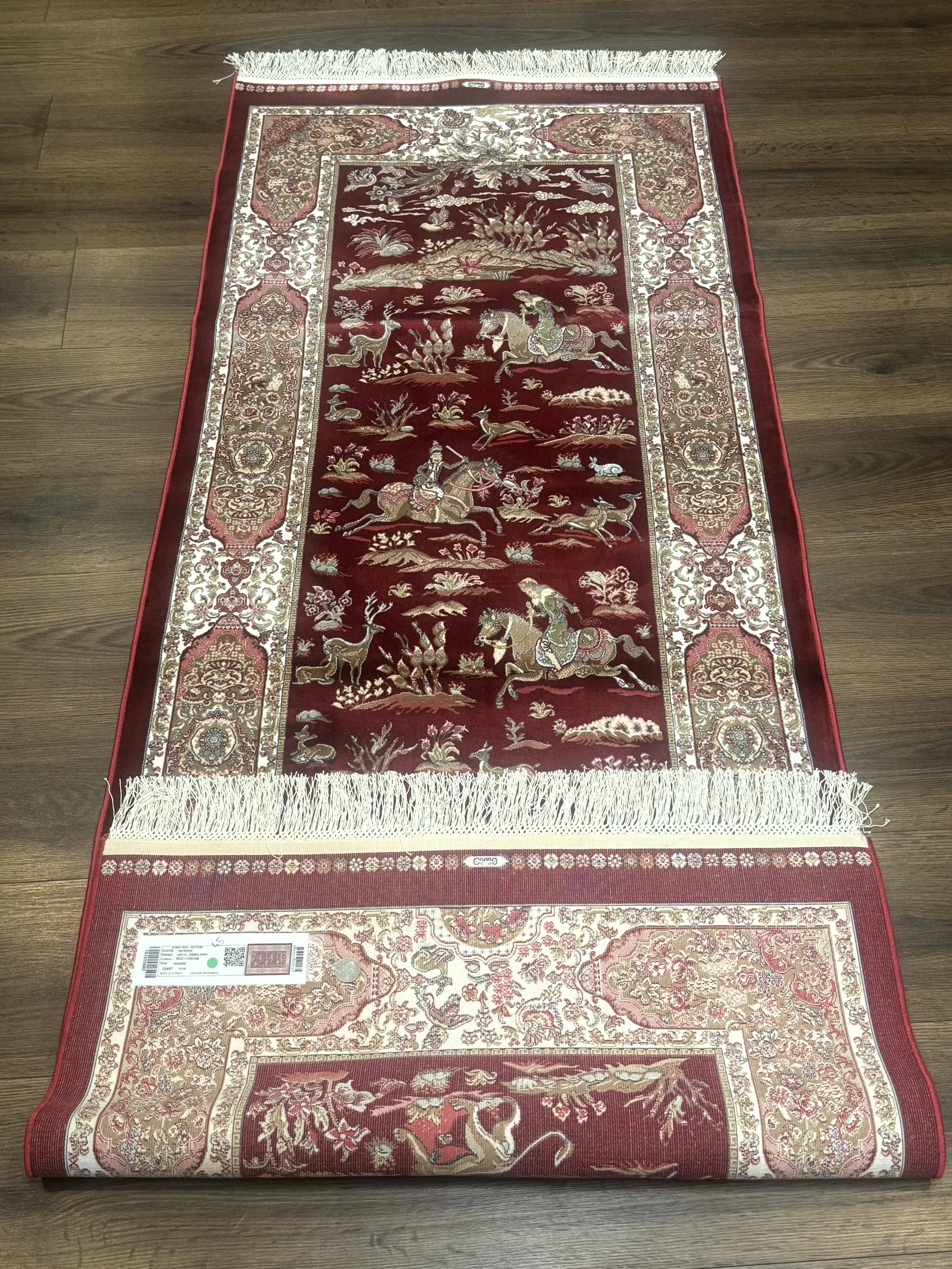 Turkish Silk Rug 2.6 x 6.7, Hunting Design, Short Runner Rug, Red & Ivory, Bamboo Silk, New - Image 12