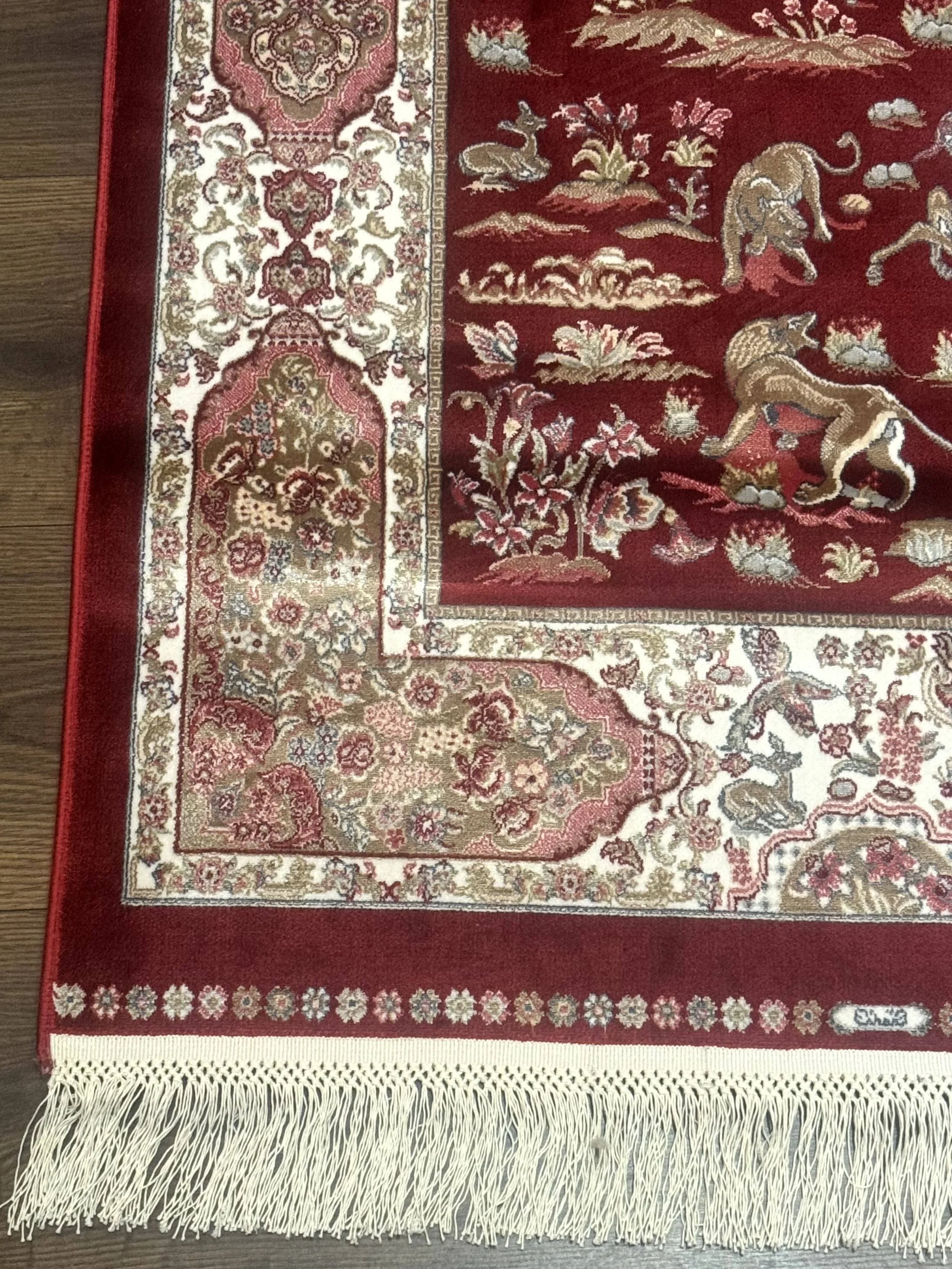 Turkish Silk Rug 2.6 x 6.7, Hunting Design, Short Runner Rug, Red & Ivory, Bamboo Silk, New - Image 9