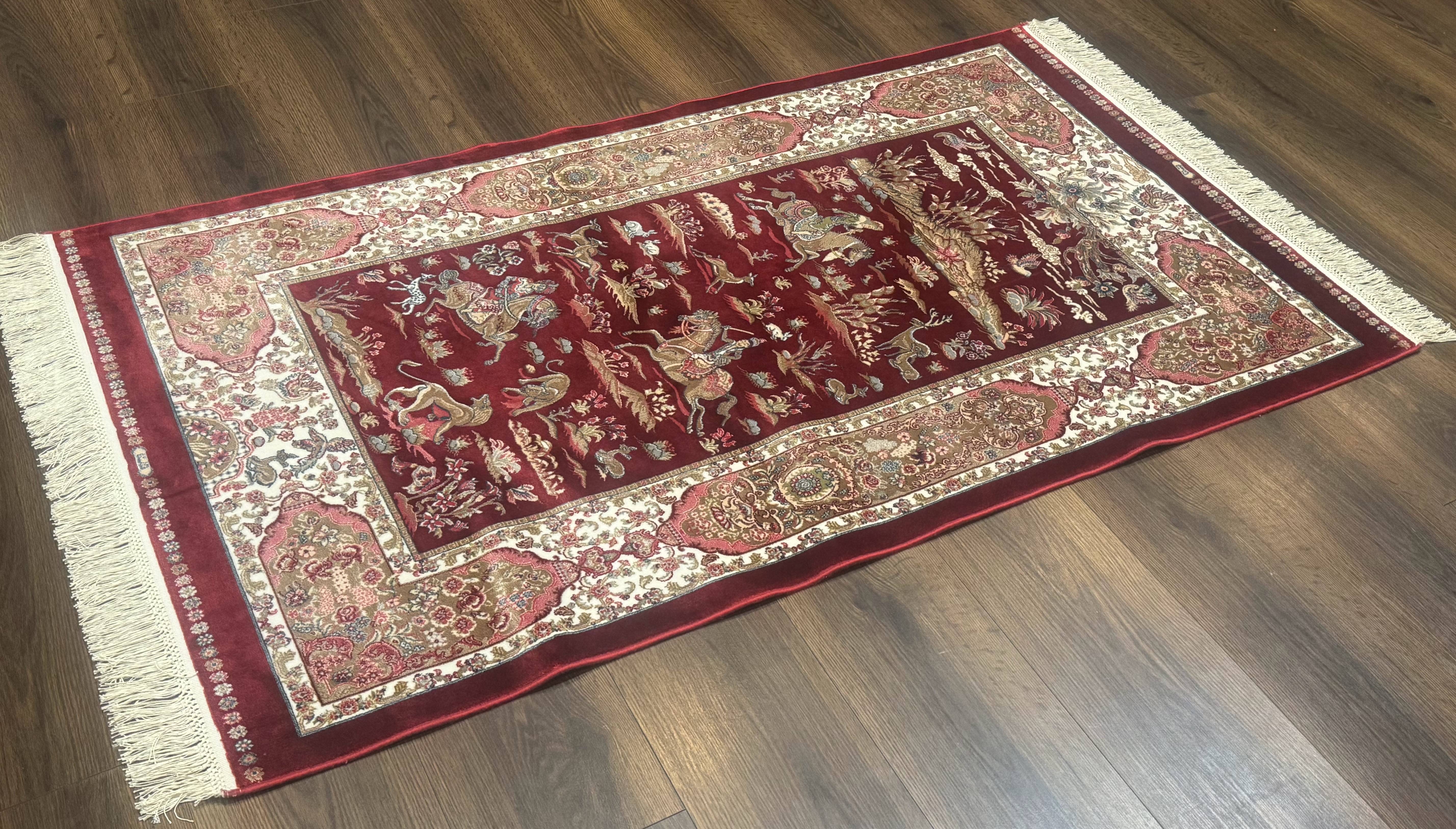 Turkish Silk Rug 3x5, Hunting Design, Dark Red & Ivory, Bamboo Silk, New - Image 2