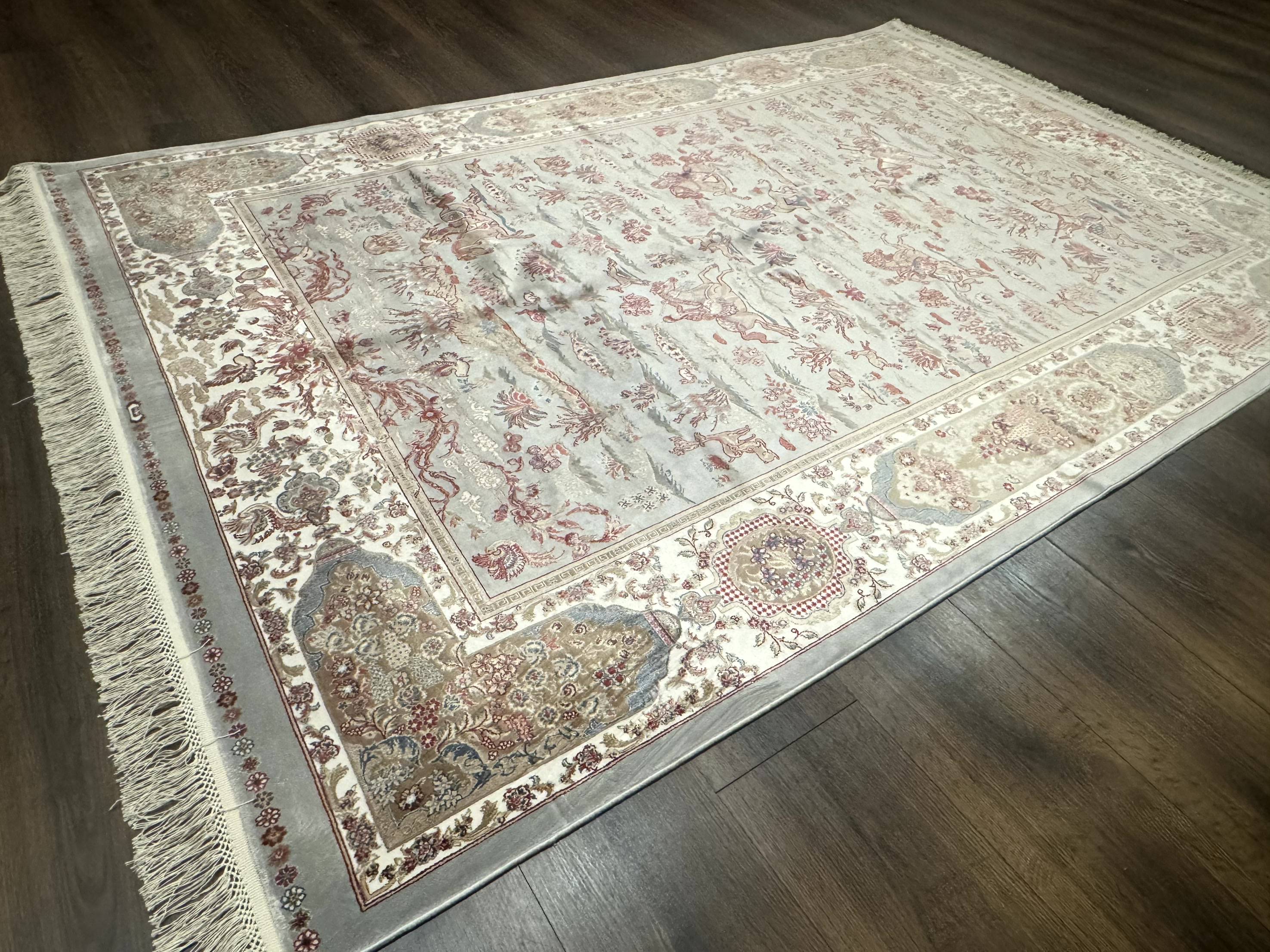 Turkish Silk Rug 5x7, Hunting Design, Animal Pictorials, Bamboo Silk - Image 6