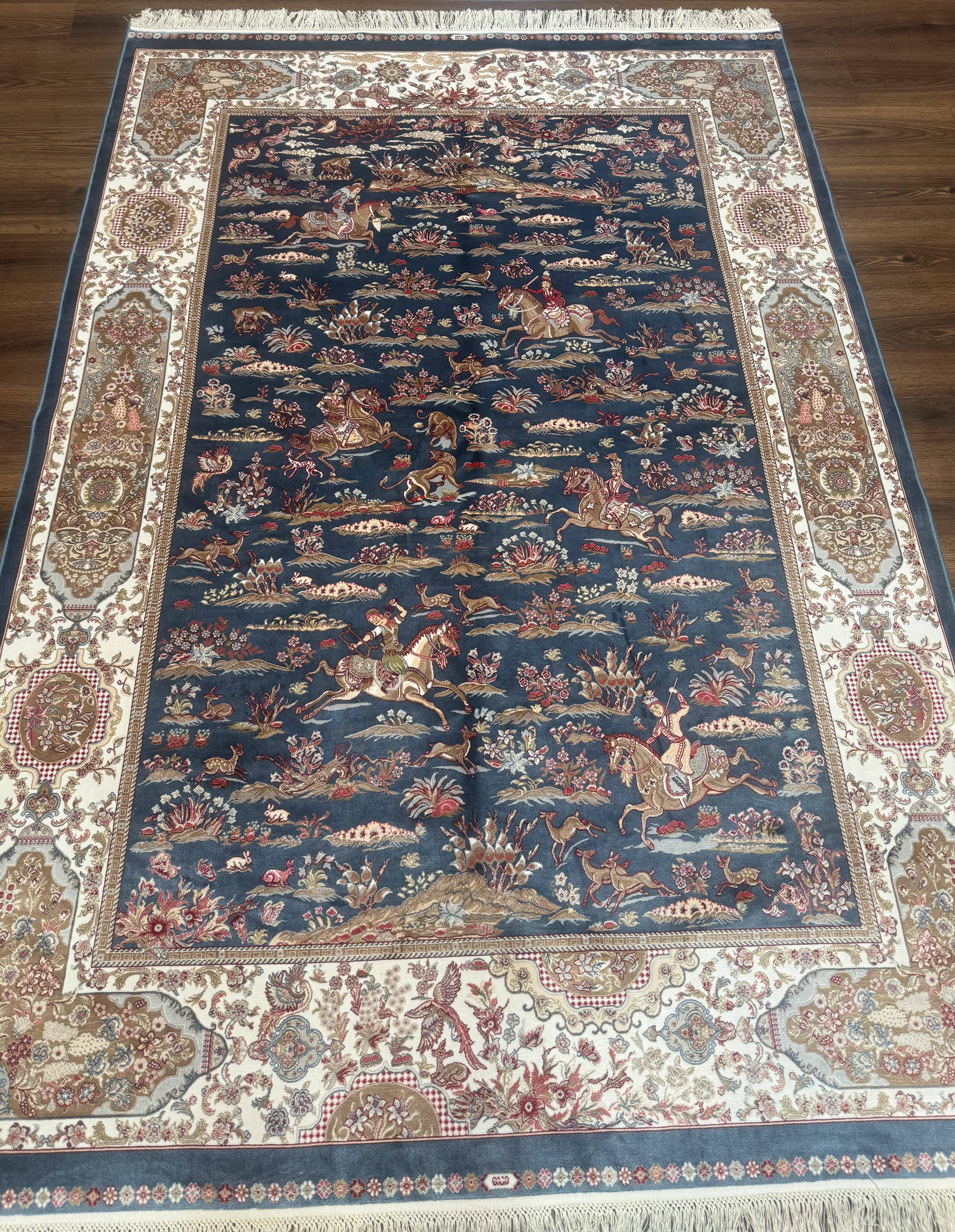Turkish Silk Rug 5x8, Hunting Design, Animal Pictorials, Steel Blue & Ivory, Bamboo Silk - Image 9