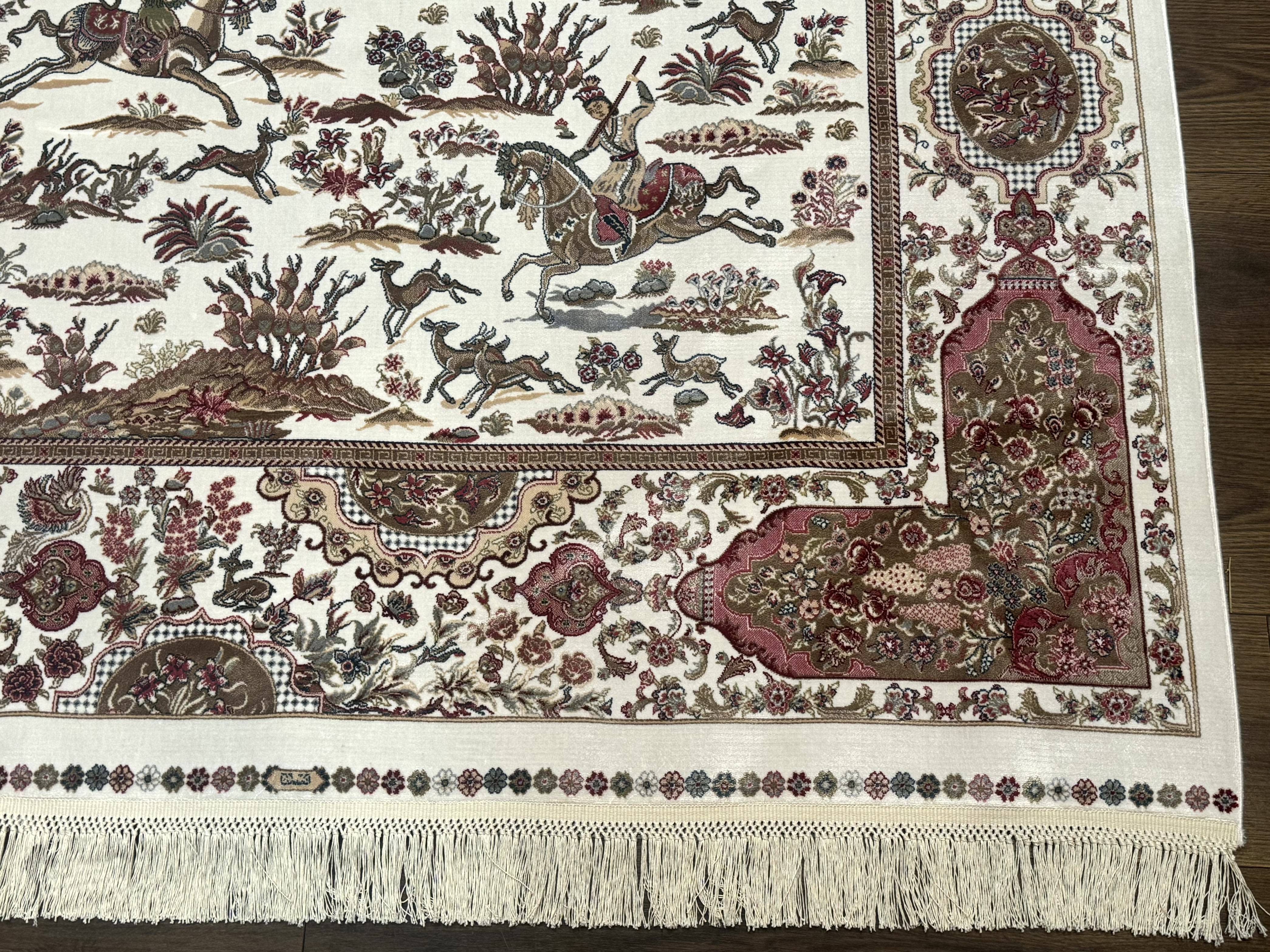 Turkish Silk Rug 5x8, Ivory, Hunting Design, Animal Pictorials, Bamboo Silk - Image 10