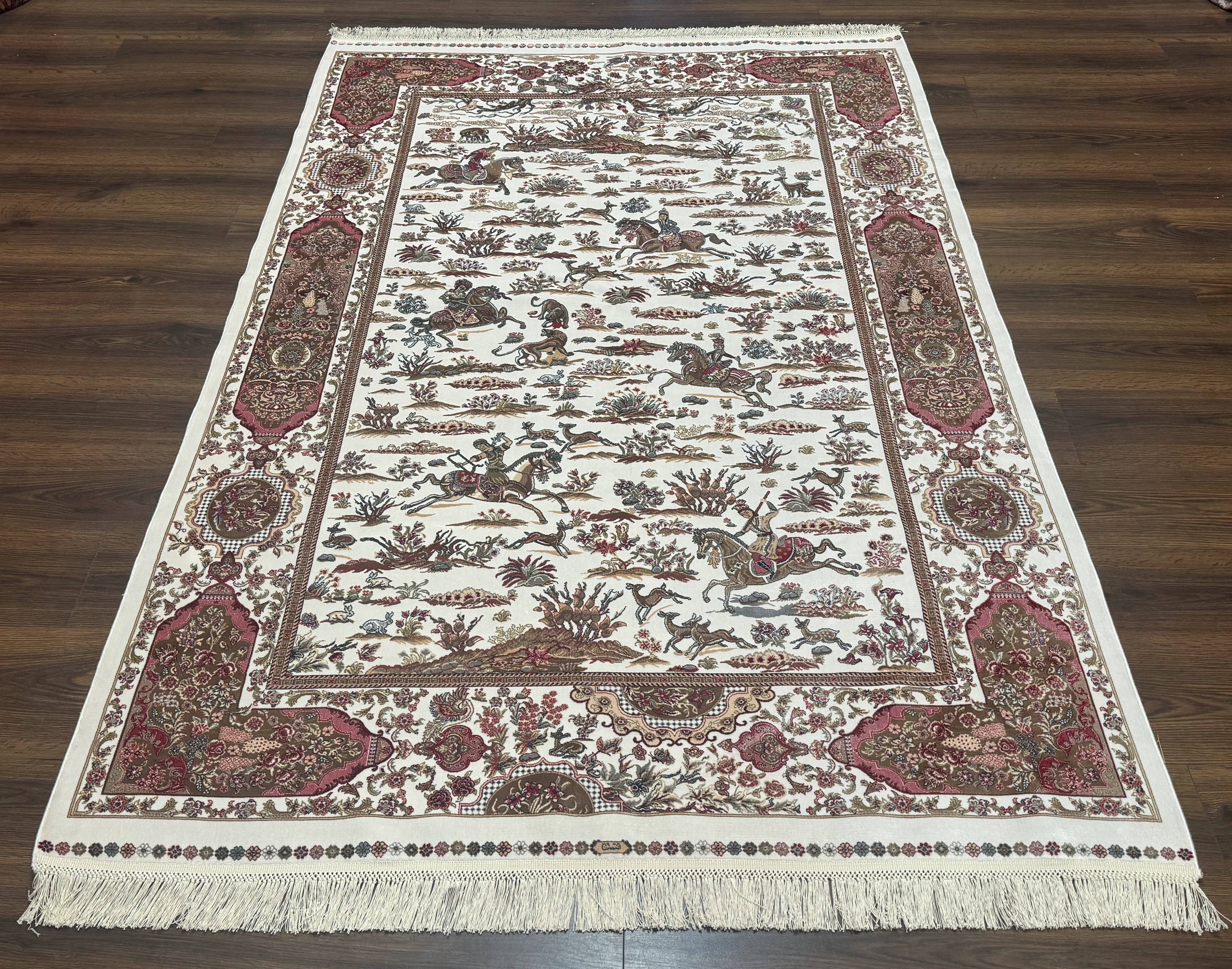 Turkish Silk Rug 5x8, Ivory, Hunting Design, Animal Pictorials, Bamboo Silk - Image 2