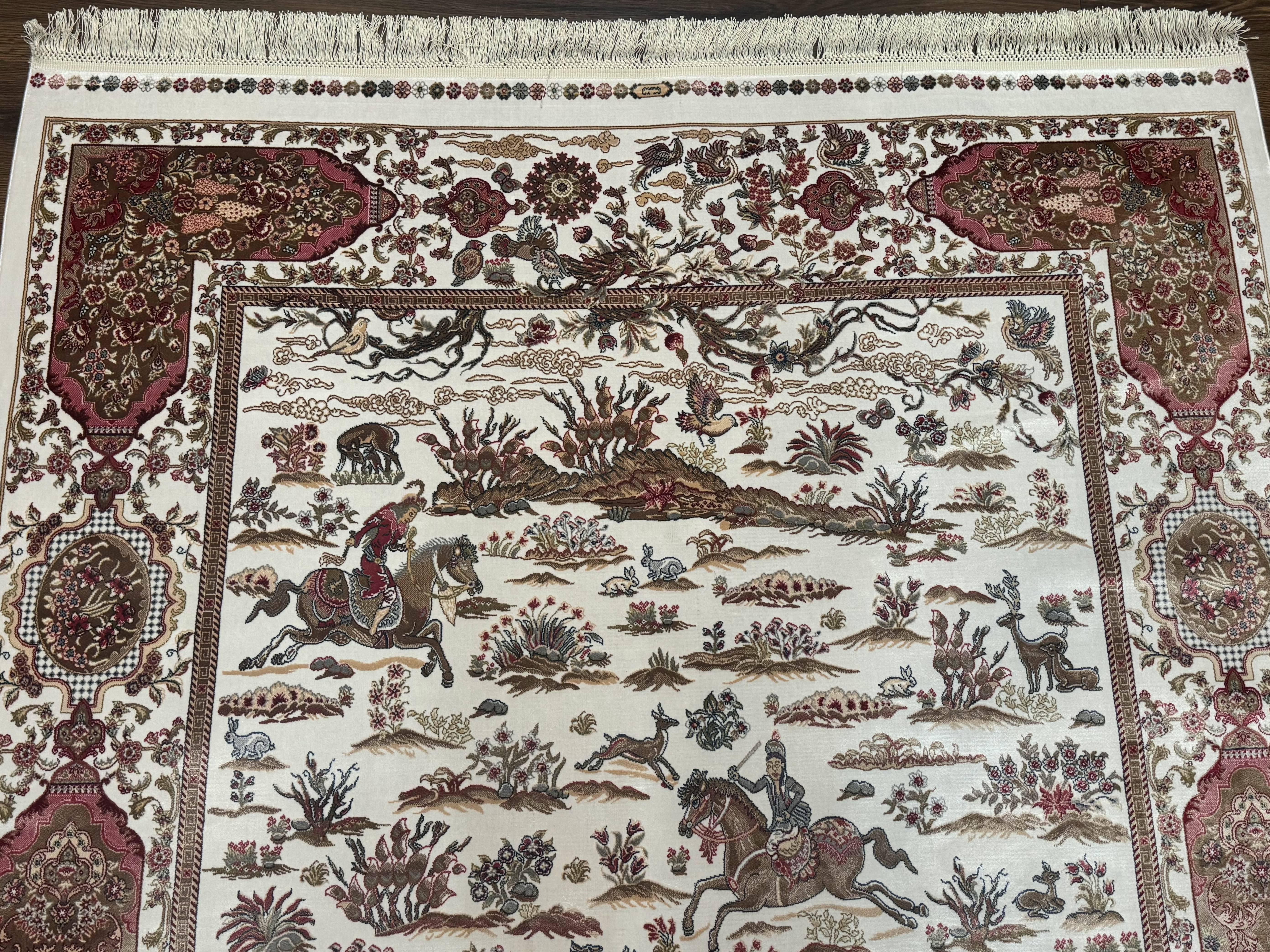 Turkish Silk Rug 5x8, Ivory, Hunting Design, Animal Pictorials, Bamboo Silk - Image 4