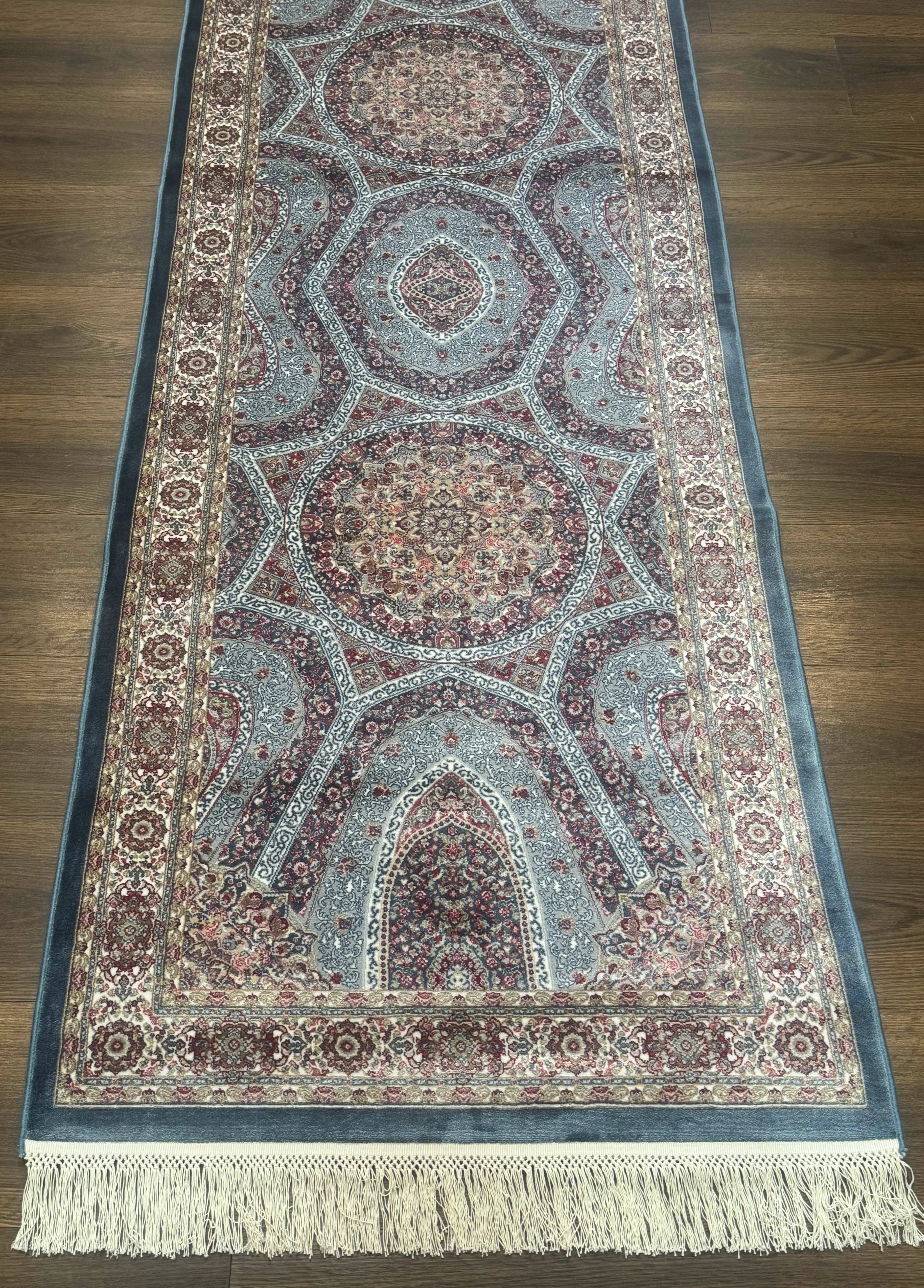 Turkish Silk Runner Rug 2.6 x 10, Light Blue Carpet, Bamboo Silk, New - Image 5