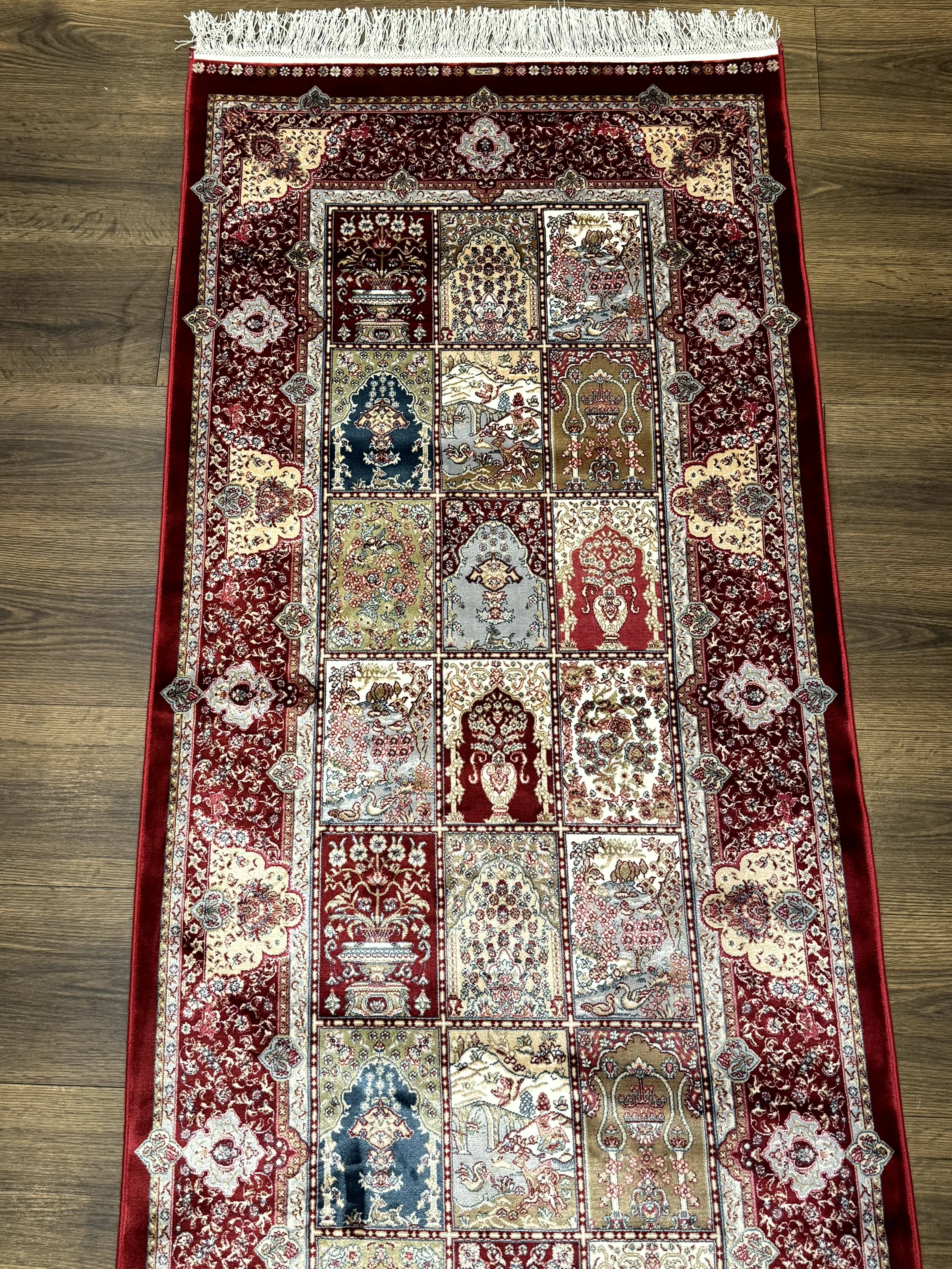 Turkish Silk Runner Rug 2.6 x 11.6, Panel Design, Dark Red Ivory, Bamboo Silk, New - Image 3