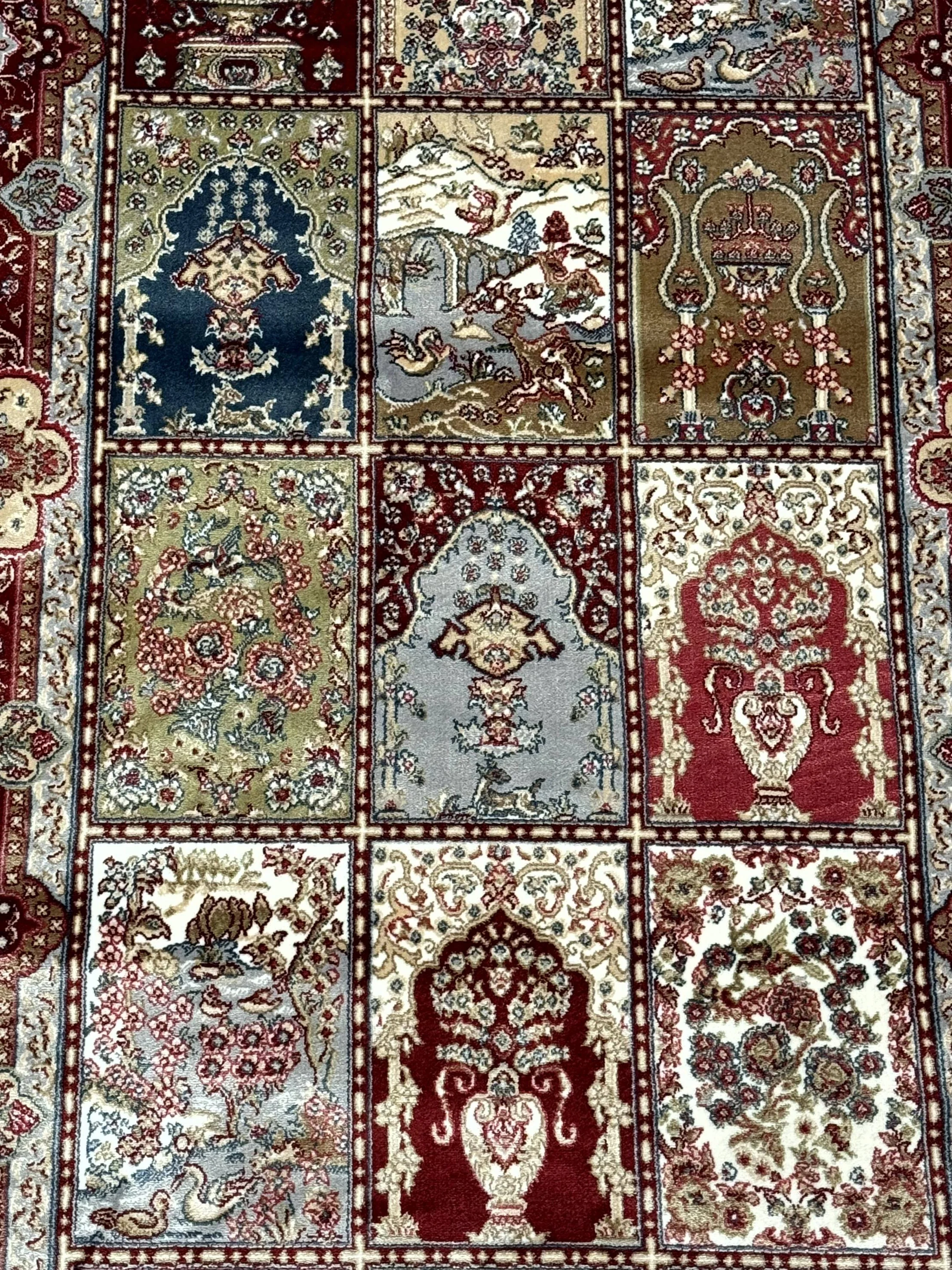 Turkish Silk Runner Rug 2.6 x 11.6, Panel Design, Dark Red Ivory, Bamboo Silk, New - Image 4