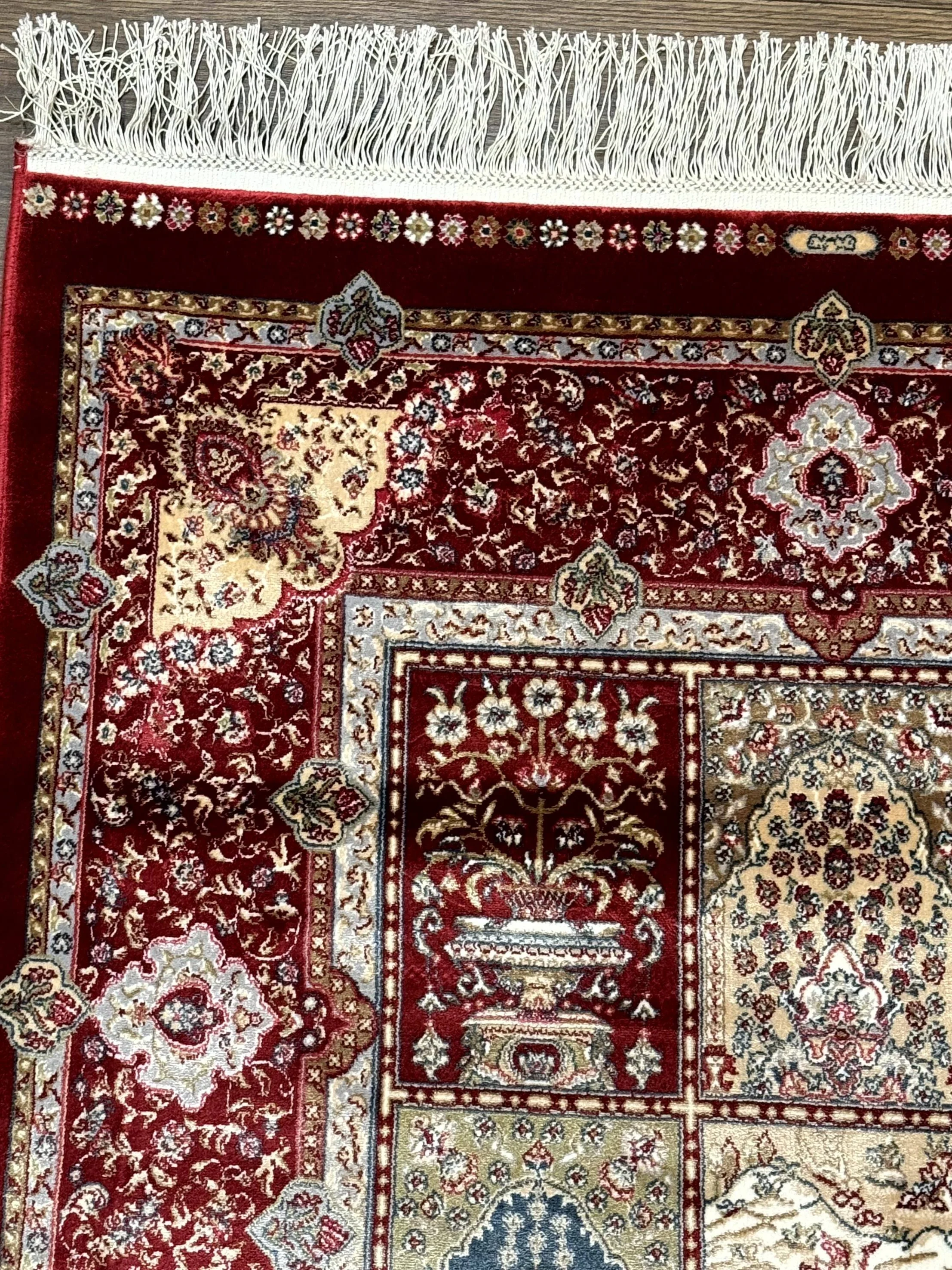 Turkish Silk Runner Rug 2.6 x 11.6, Panel Design, Dark Red Ivory, Bamboo Silk, New - Image 6