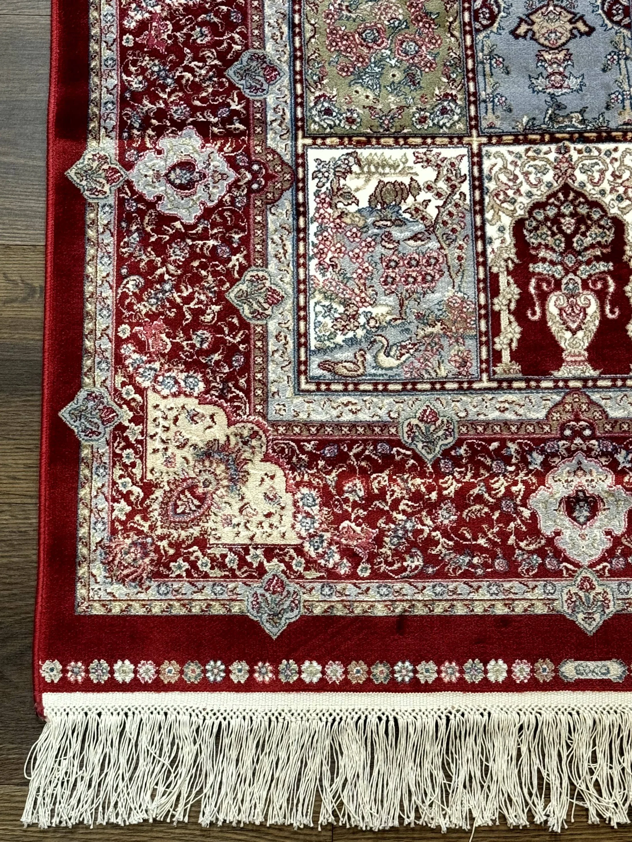 Turkish Silk Runner Rug 2.6 x 11.6, Panel Design, Dark Red Ivory, Bamboo Silk, New - Image 8