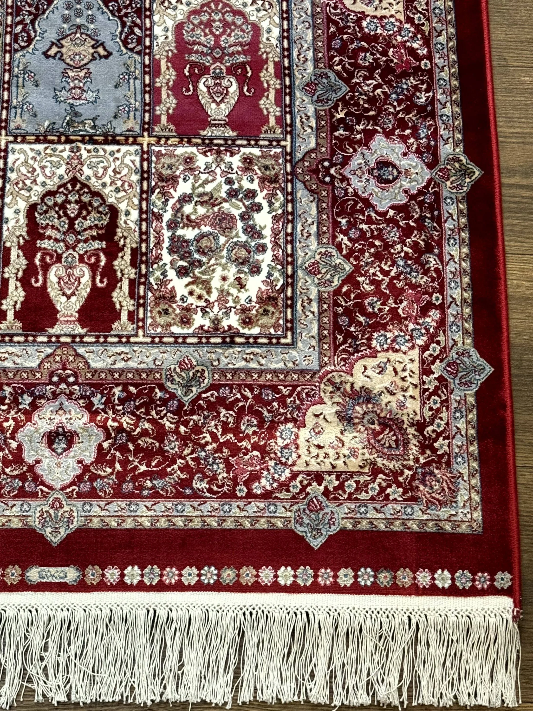 Turkish Silk Runner Rug 2.6 x 11.6, Panel Design, Dark Red Ivory, Bamboo Silk, New - Image 9