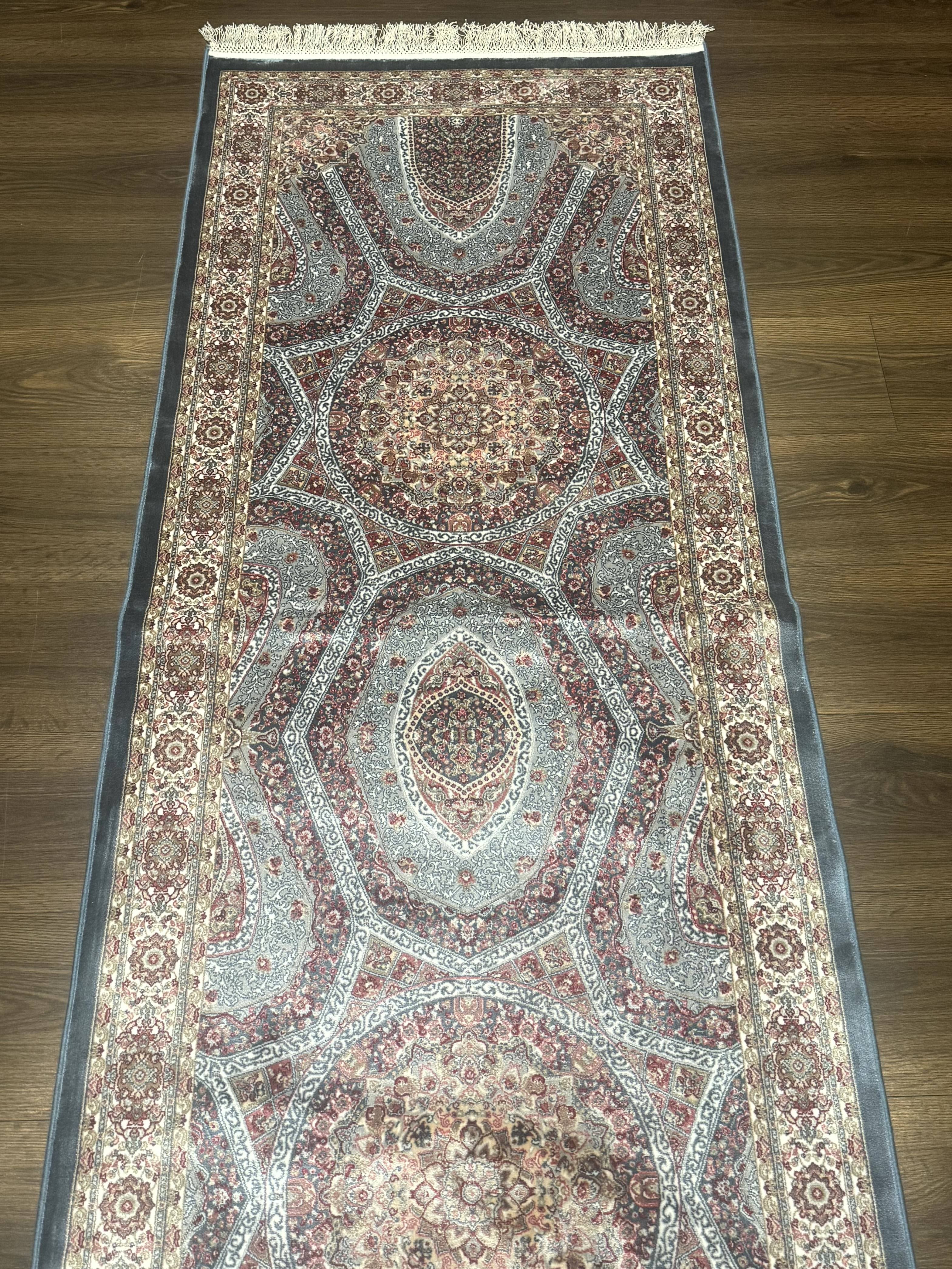Turkish Silk Runner Rug 2.6 x 13, Blue Runner Rug, Dome Design, Bamboo Silk, New - Image 6