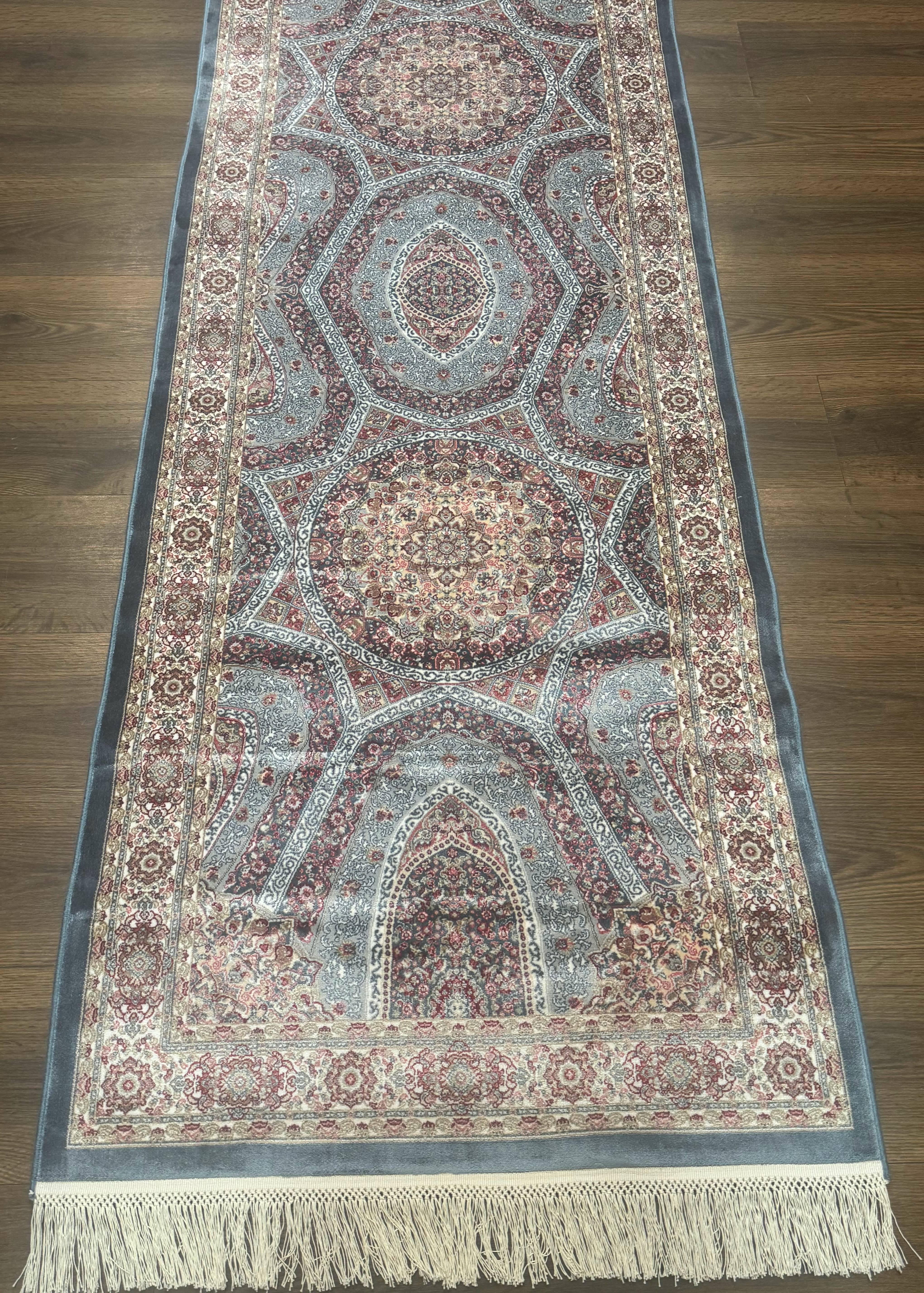 Turkish Silk Runner Rug 2.6 x 13, Blue Runner Rug, Dome Design, Bamboo Silk, New - Image 9