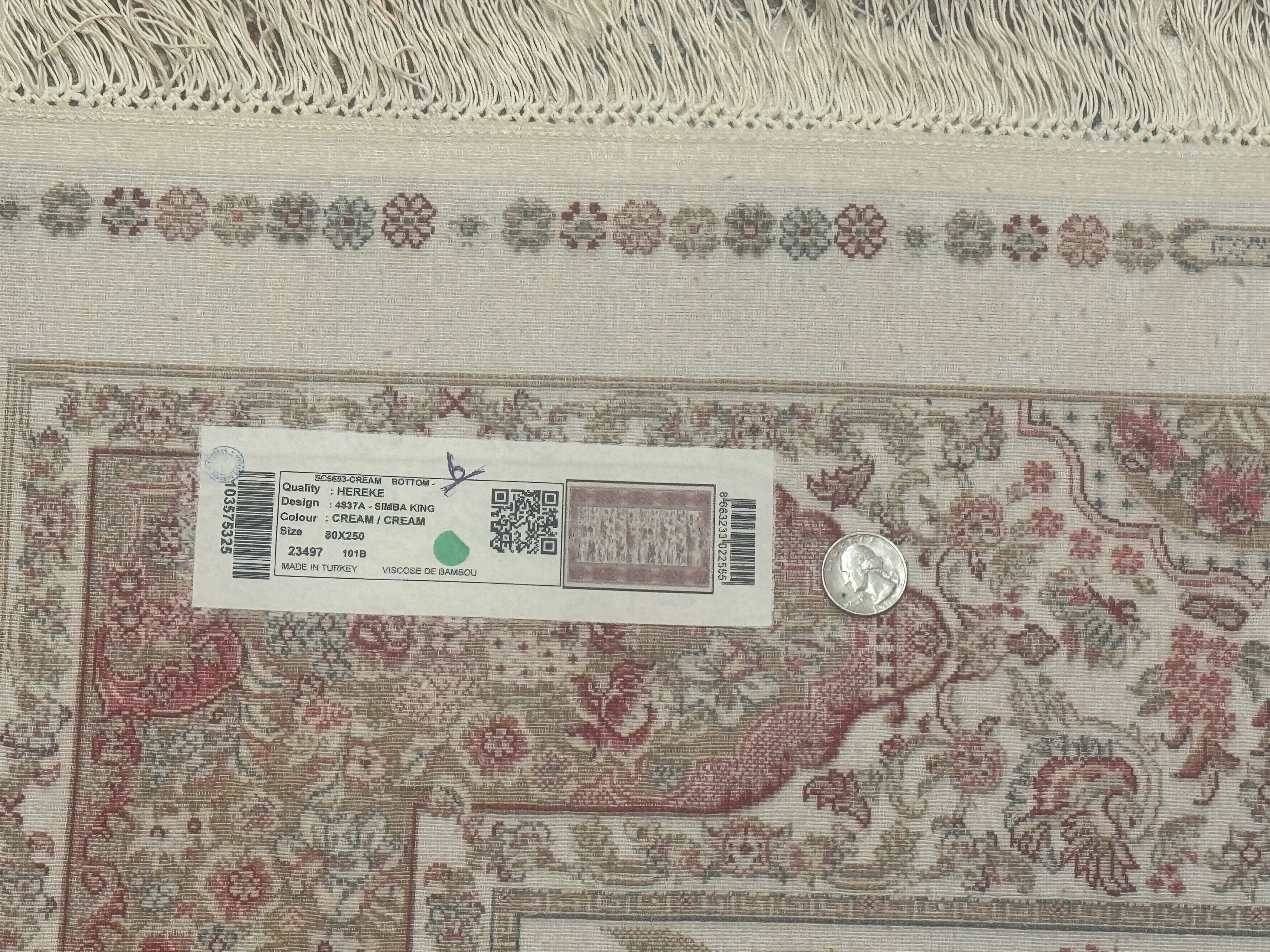 Turkish Silk Runner Rug 2.6 x 8, Hunting Design, Ivory, Bamboo Silk, New - Image 11
