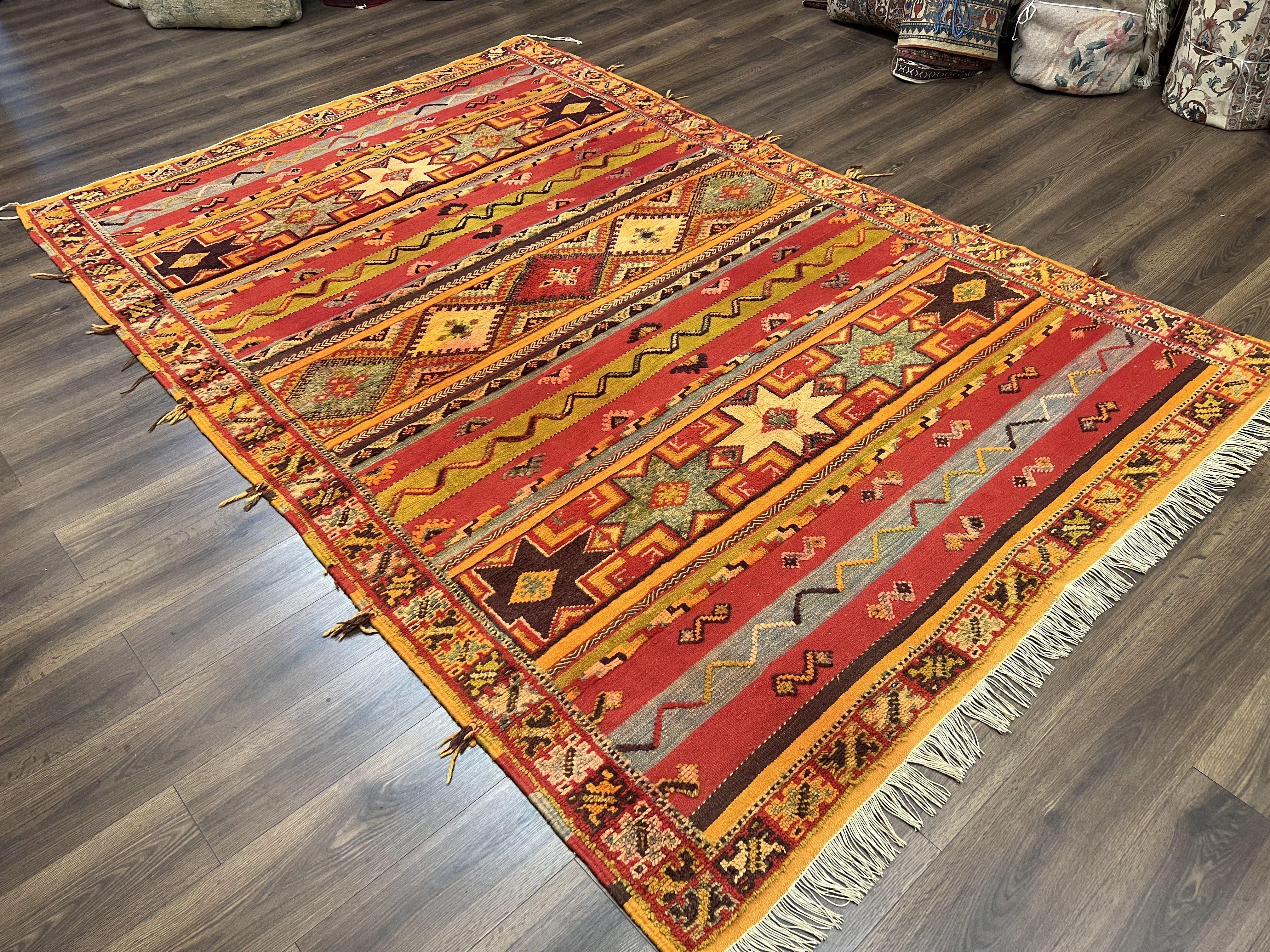Unique Moroccan Rug 7x10, Room Sized Carpet, Red Orange Gray, Wool Oriental Striped Geometric Tribal Boho Rug, Flatweave with Raised Pile - Image 2